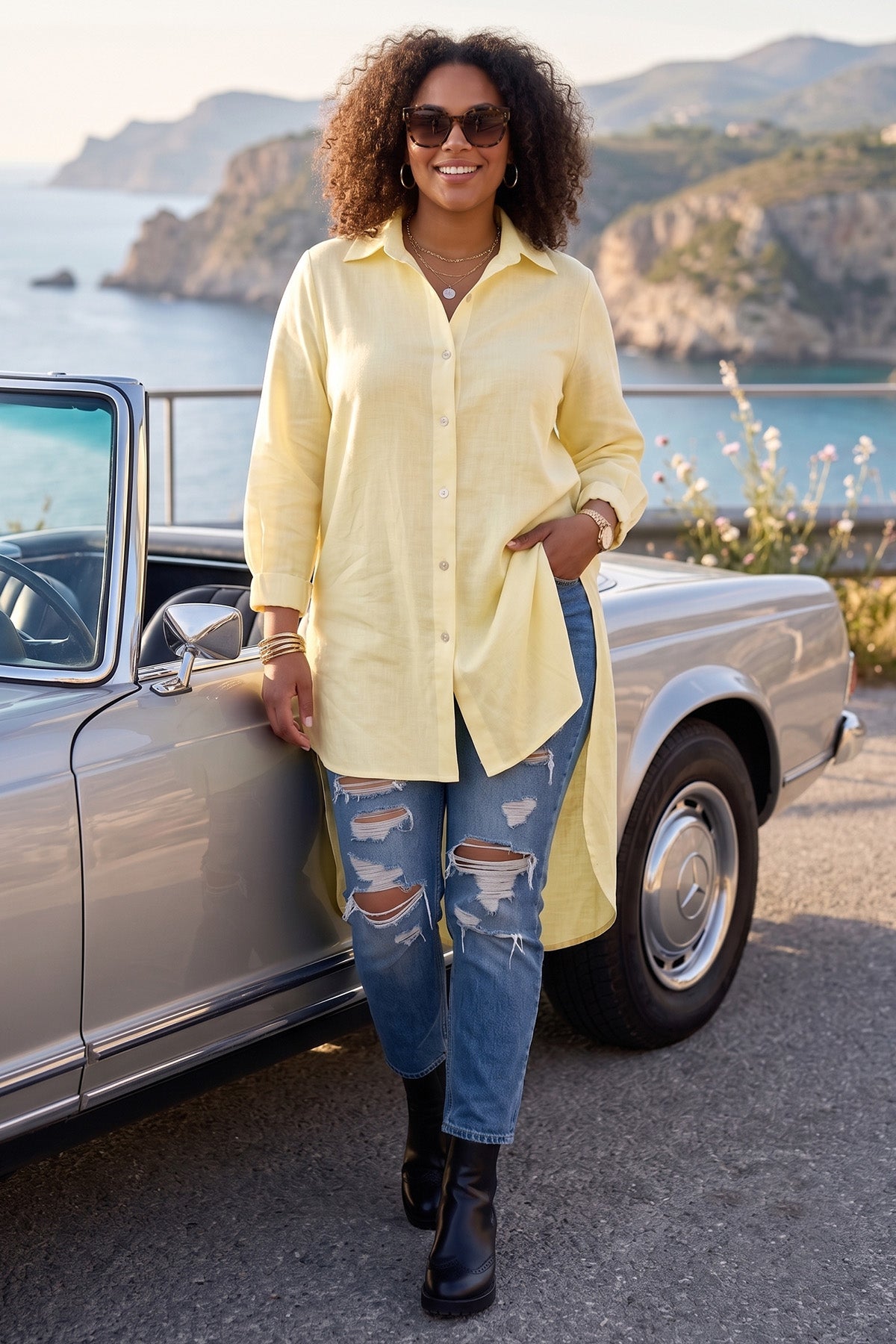 Yellow High Low Buttoned Shirt