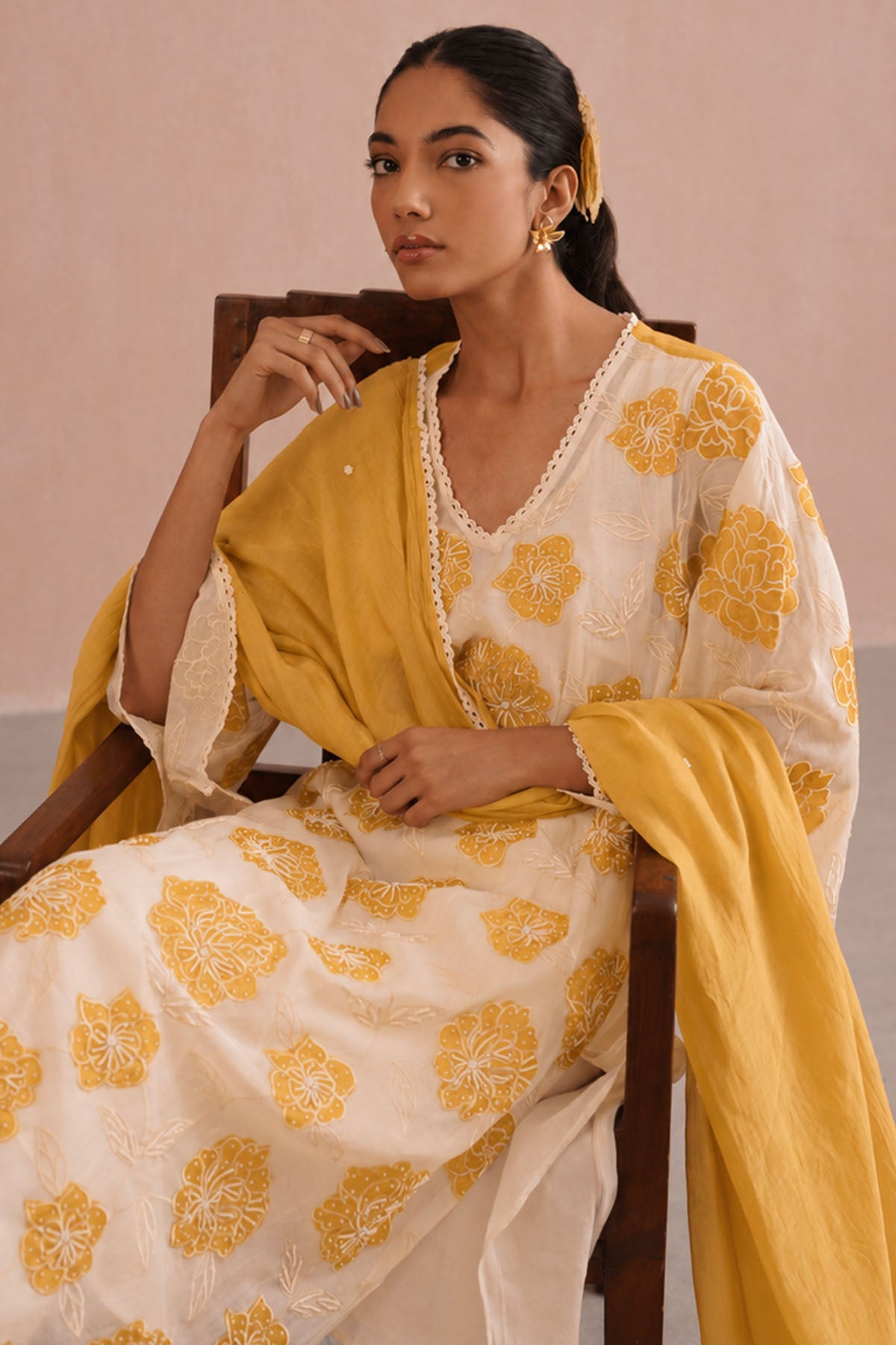 Yellow & Ivory Pearl Kurta Set