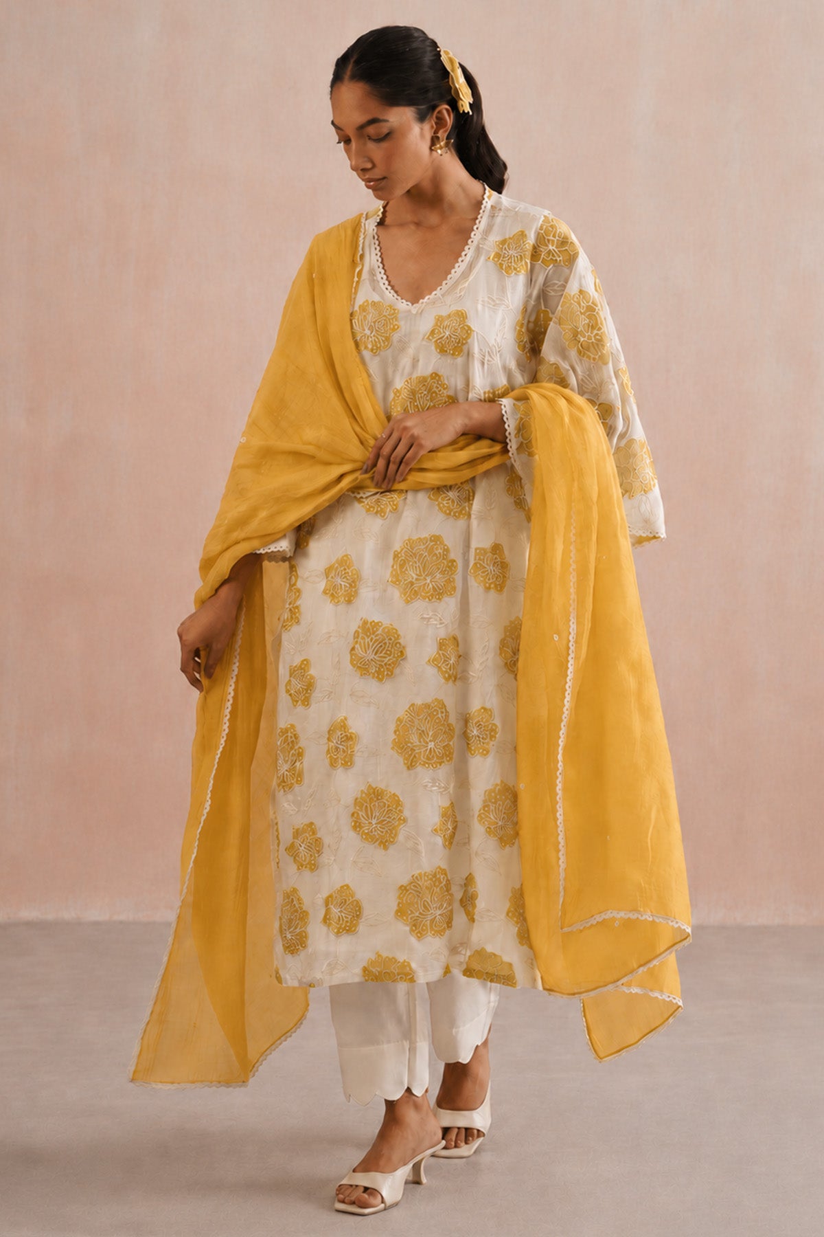 Yellow & Ivory Pearl Kurta Set