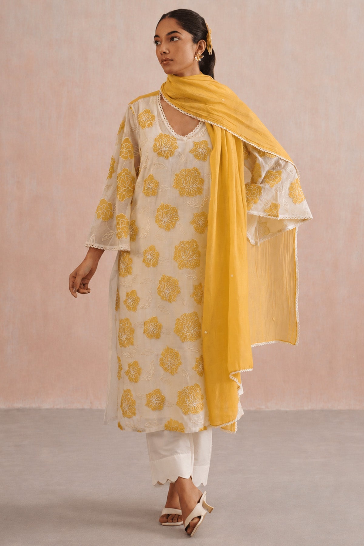 Buy Yellow & Ivory Pearl Kurta Set for women by Ugna by Unnati online available at scrollnshops