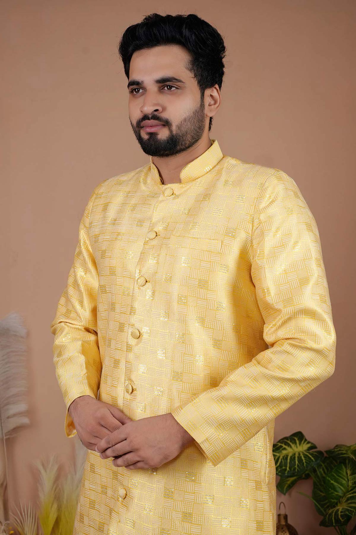 Yellow Jacquard Sherwani Set