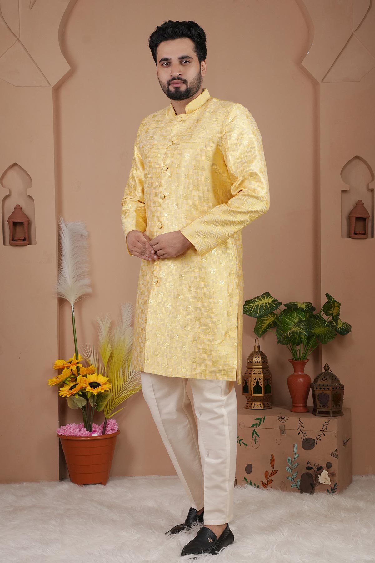 Buy Yellow Jacquard Sherwani Set for men by Aastha Fashion online available at scrollnshops