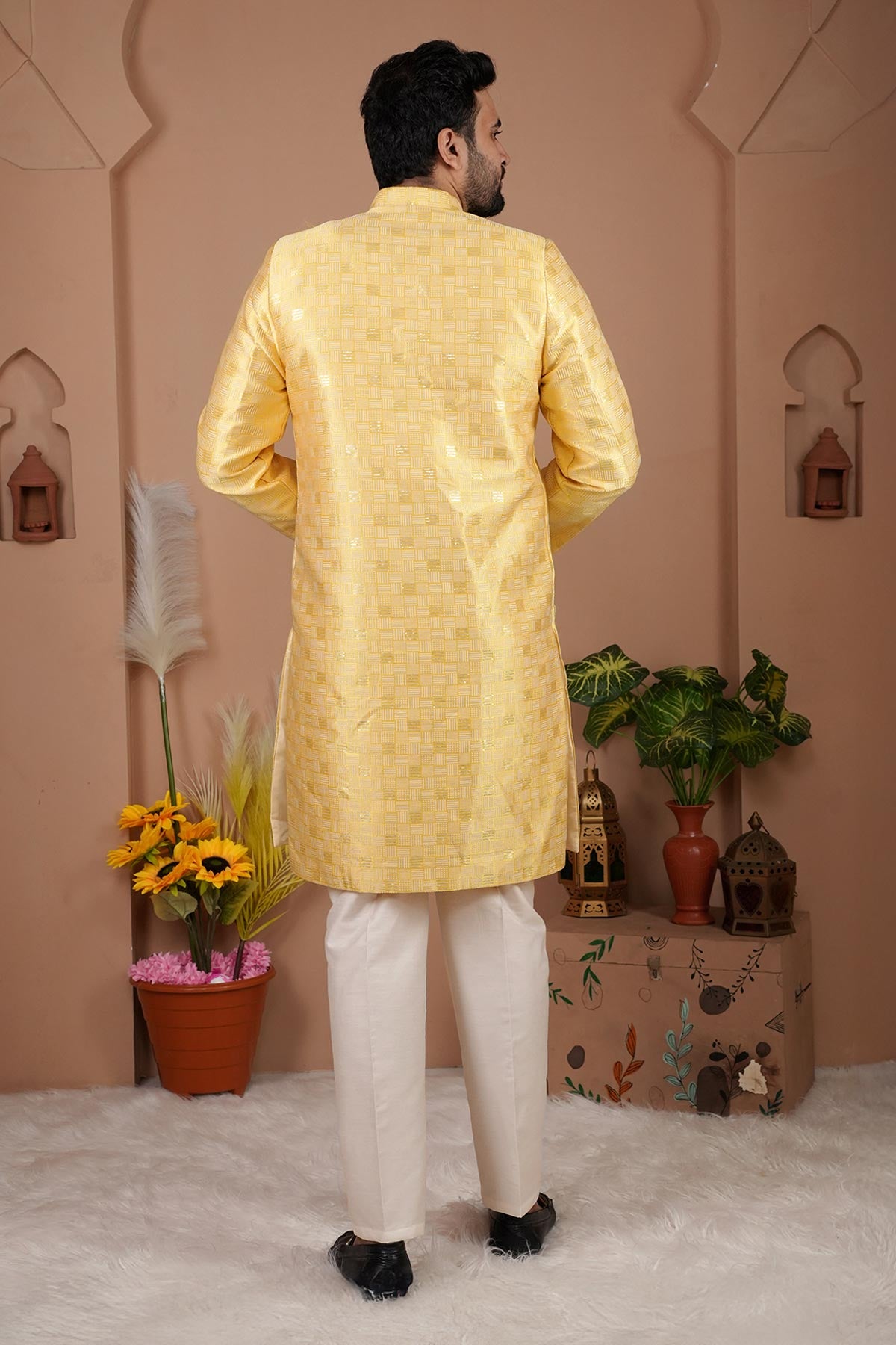 Yellow Jacquard Sherwani Set