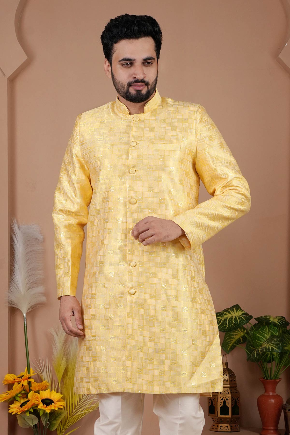 Yellow Jacquard Sherwani Set