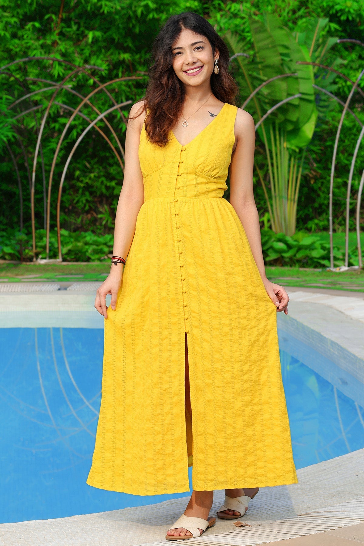 Buy Yellow Jasmine Textured Dress for women by Styleonn online available at scrollnshops