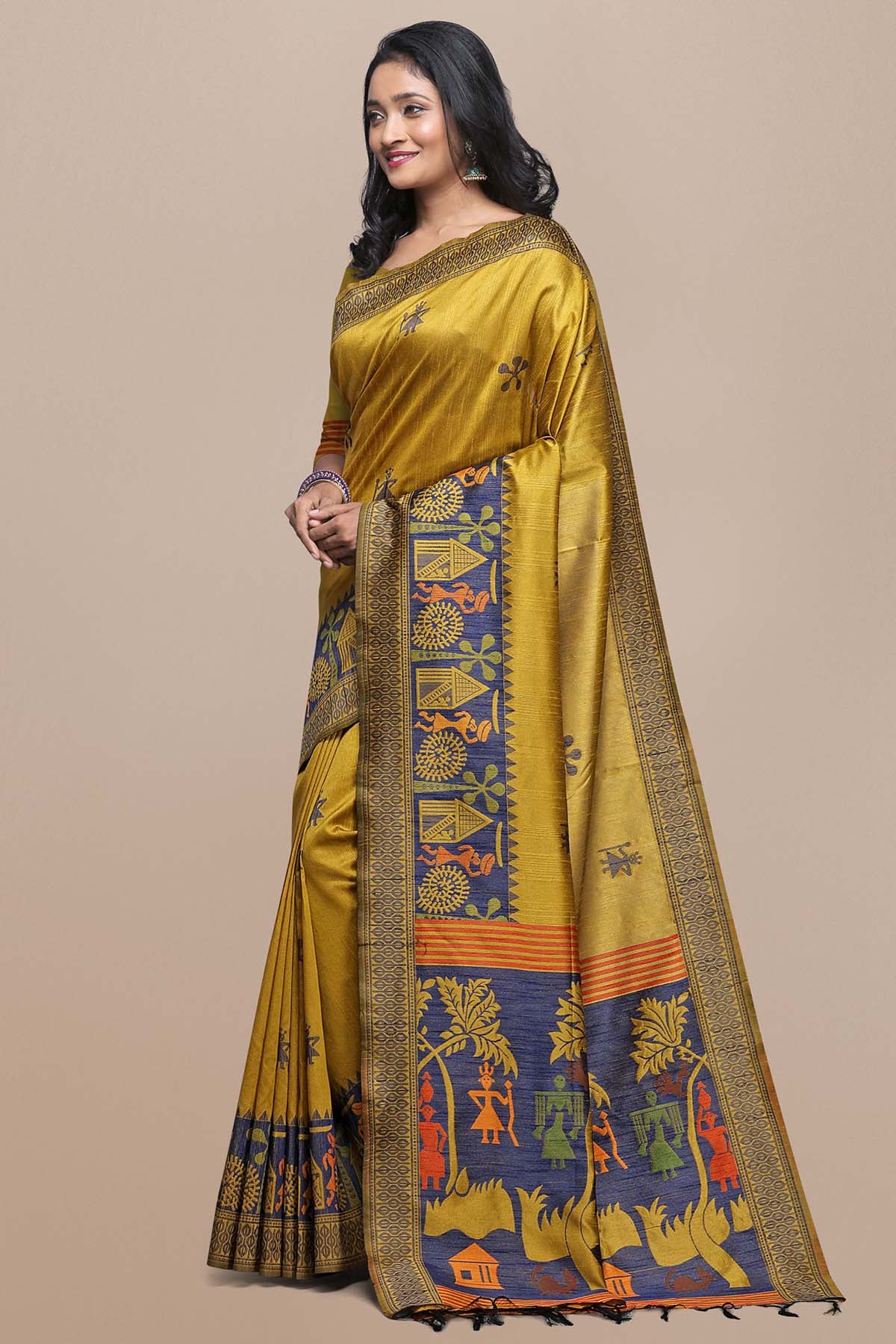 Yellow Kalamkari Raw Silk Saree