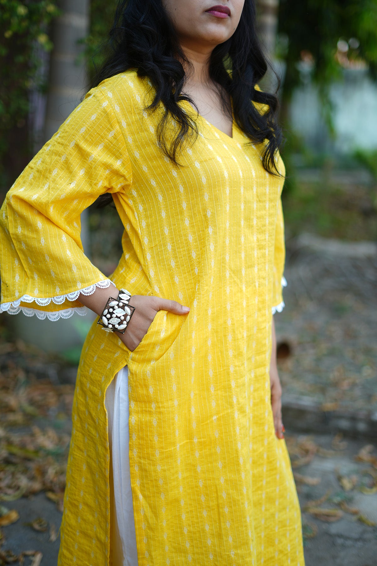 Yellow Kantha Cotton Kurta Set