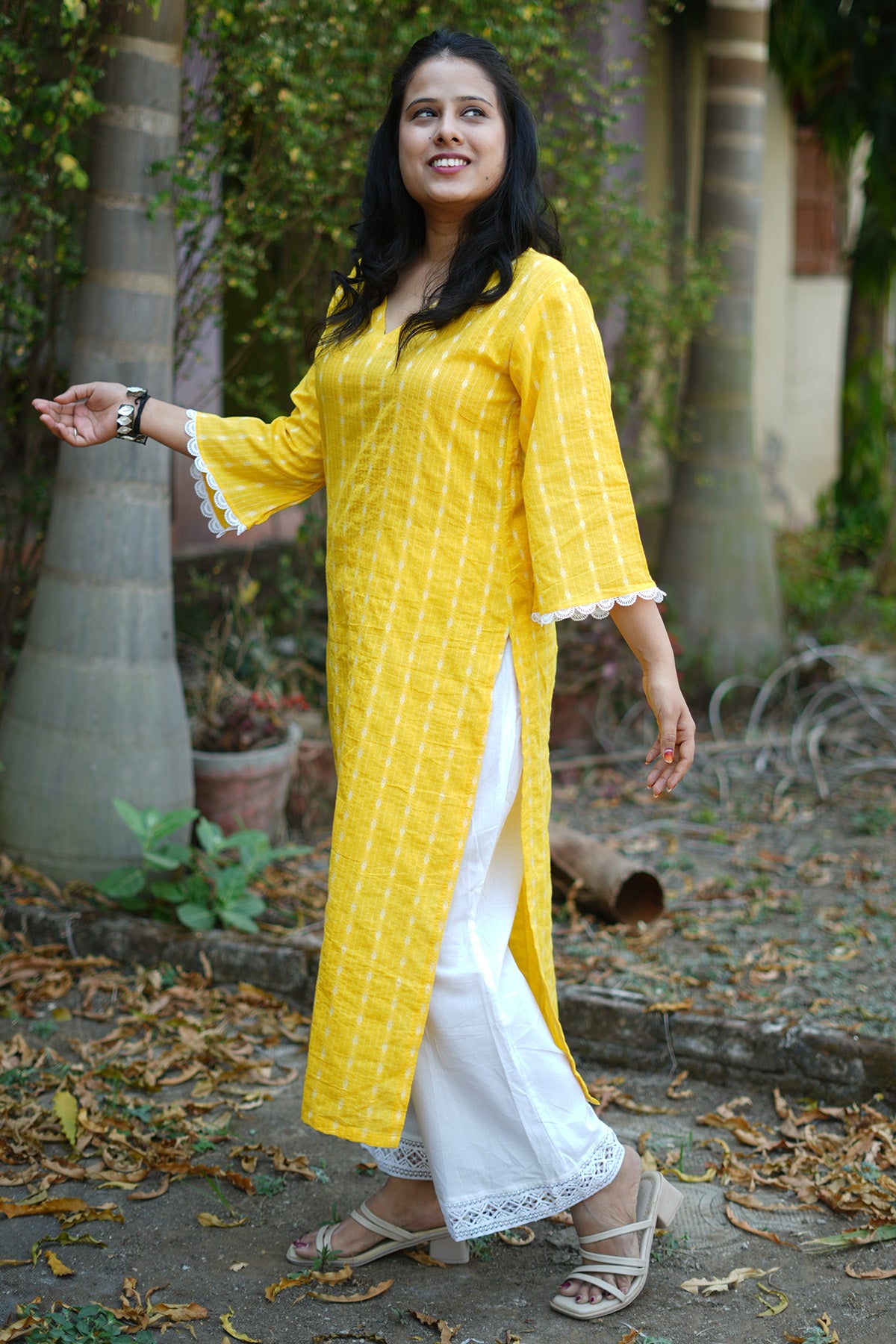 Yellow Kantha Cotton Kurta Set