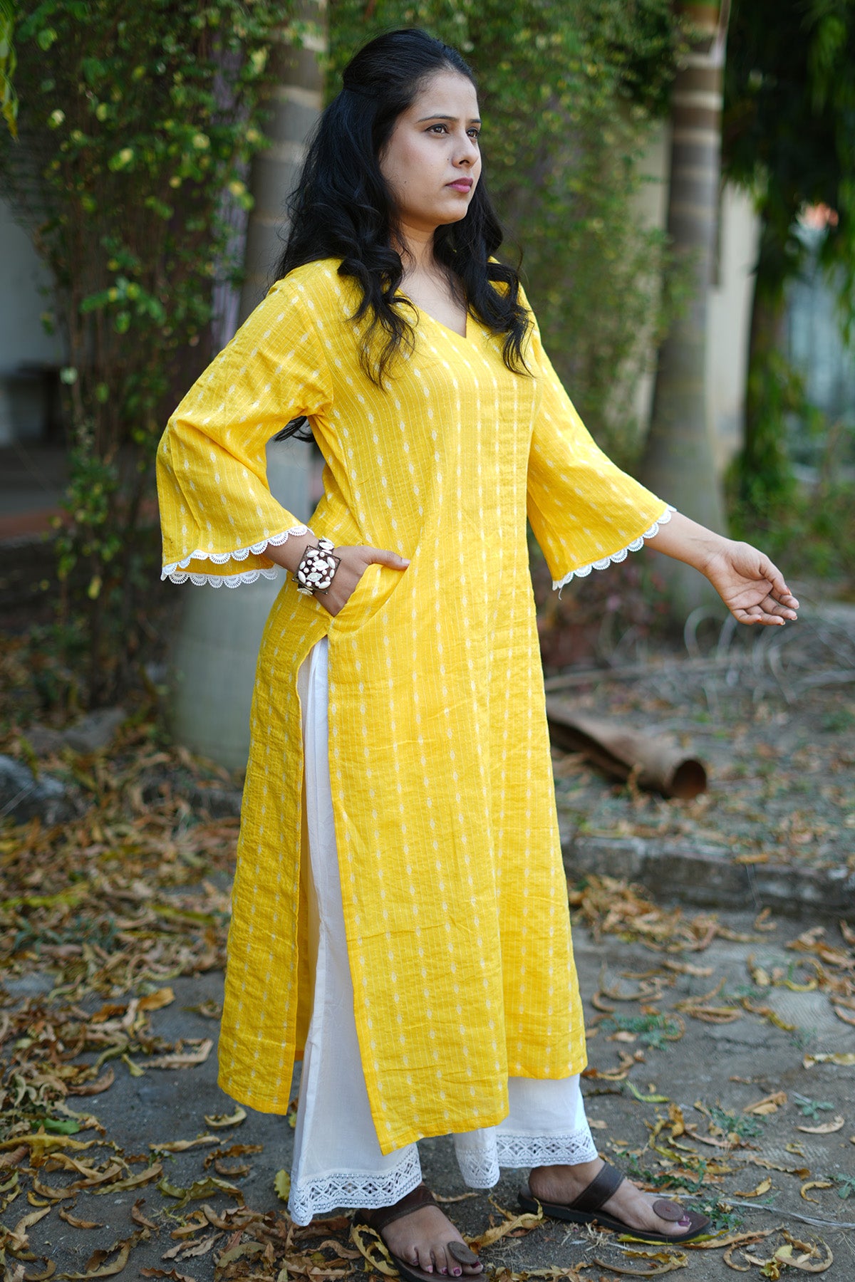 Yellow Kantha Cotton Kurta Set