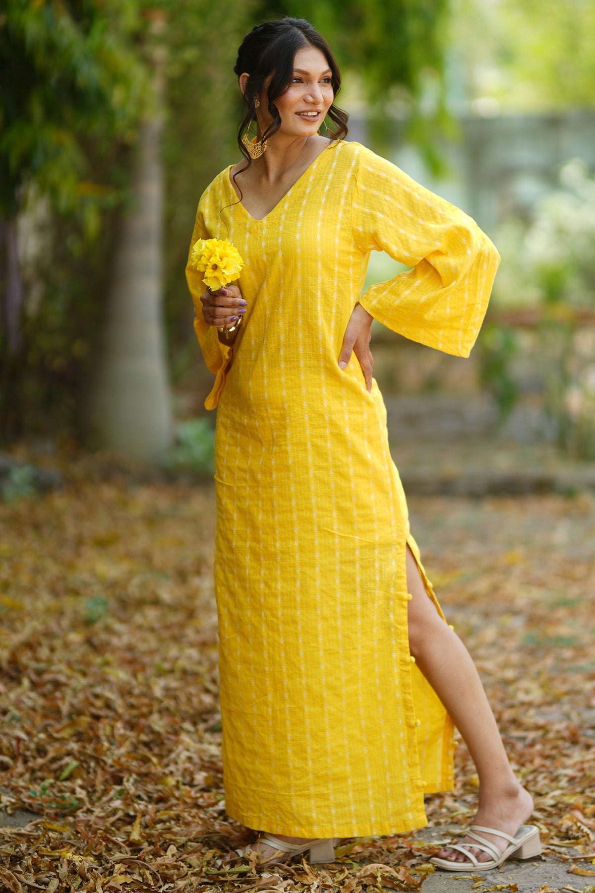 Yellow Kantha Cotton Maxi Dress