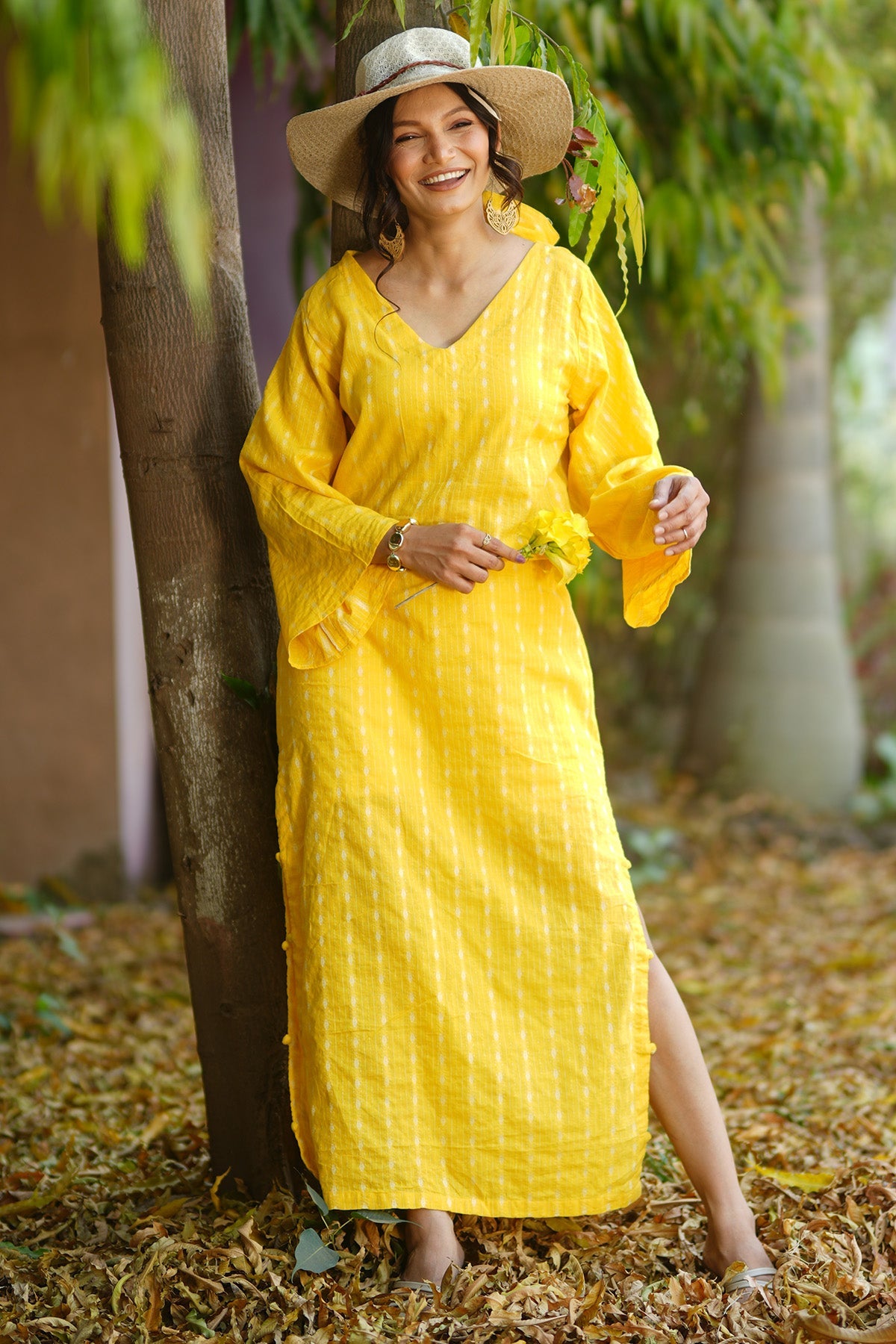 Buy Yellow Kantha Cotton Maxi Dress for women by Charu Bhaskar online available at scrollnshops