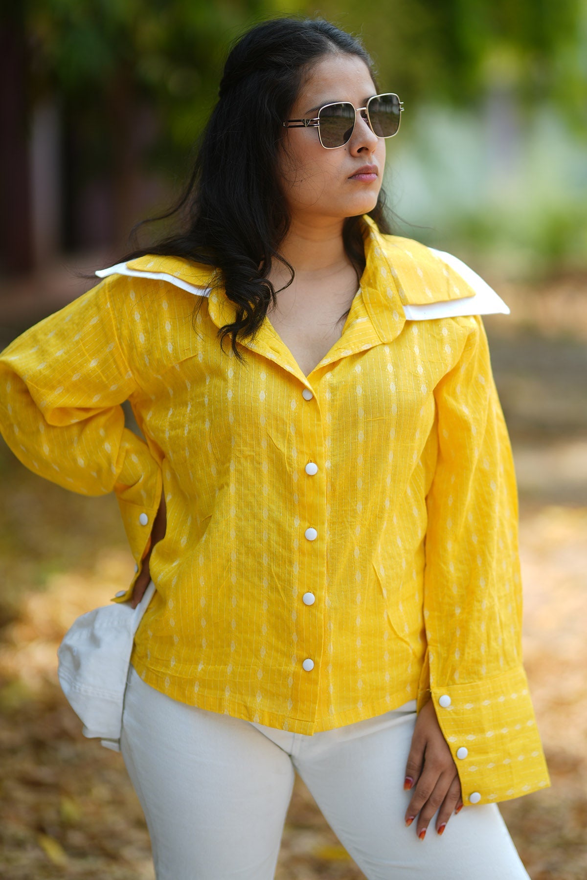 Buy Yellow Kantha Work Cotton Shirt for women by Charu Bhaskar online available at scrollnshops