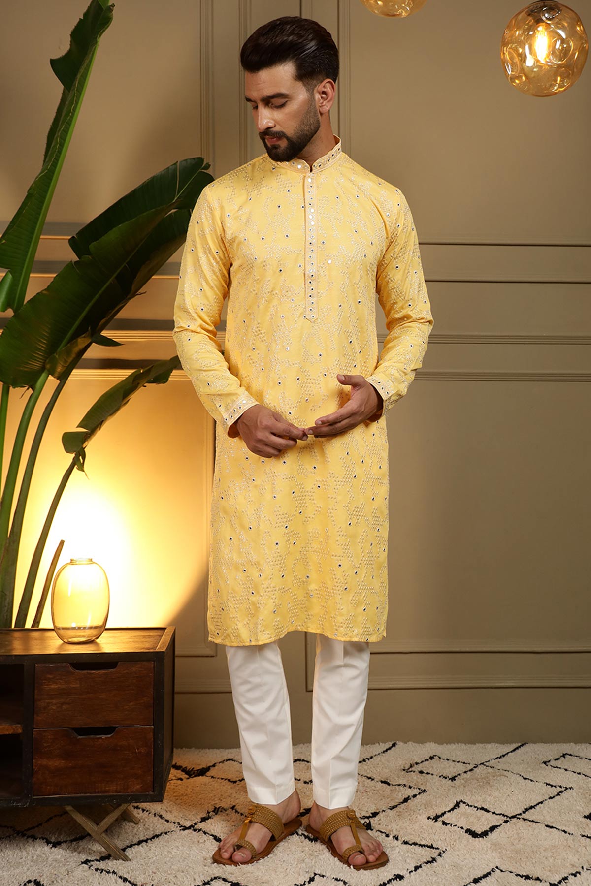 Yellow Khadi Cotton Kurta Set