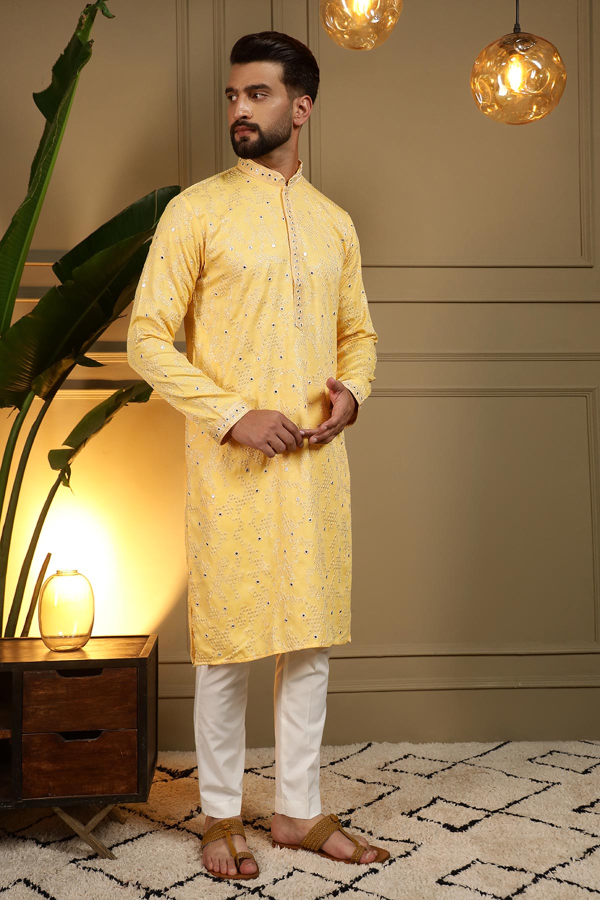 Yellow Khadi Cotton Kurta Set
