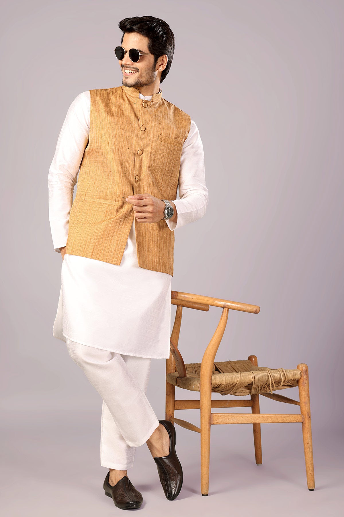 Yellow Khadi Embroidered Bundi