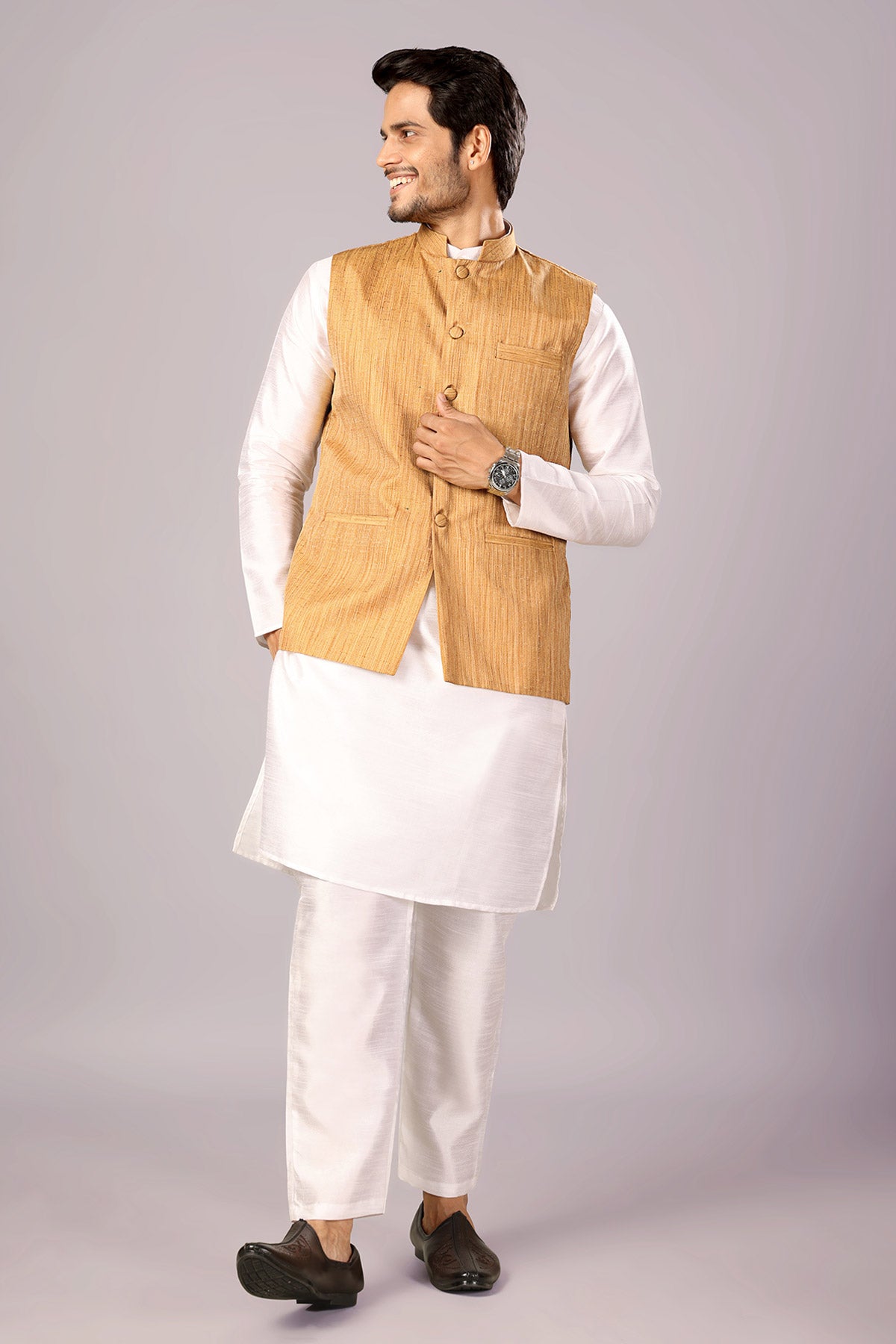 Yellow Khadi Embroidered Bundi