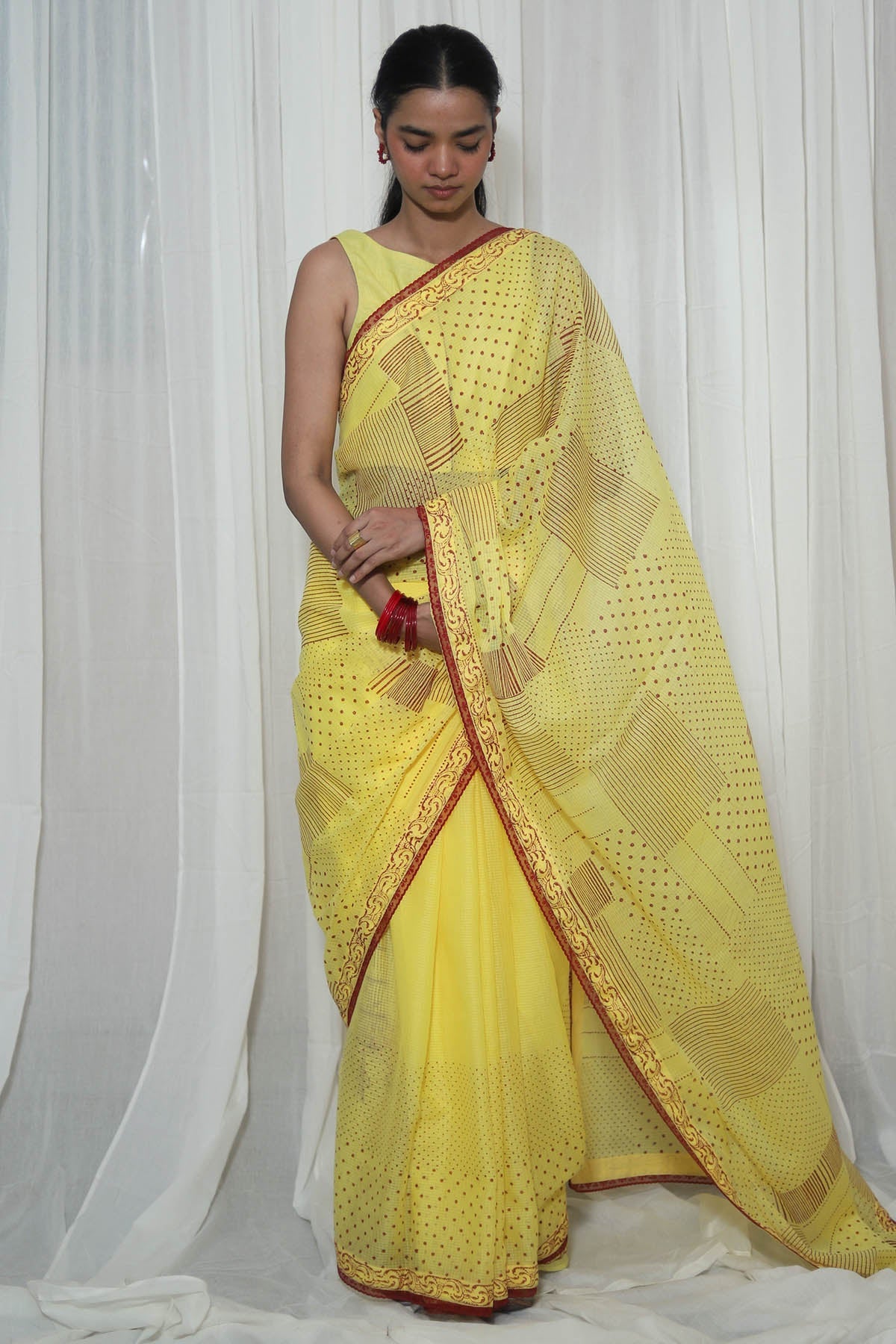 Buy Yellow Kota Doria Printed Saree for women by House Of 87 online available at scrollnshops