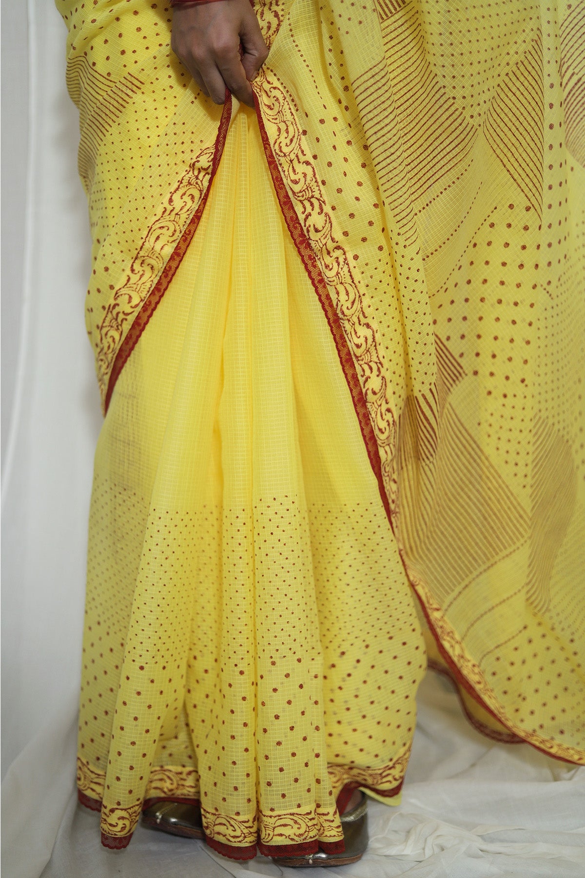 Yellow Kota Doria Printed Saree