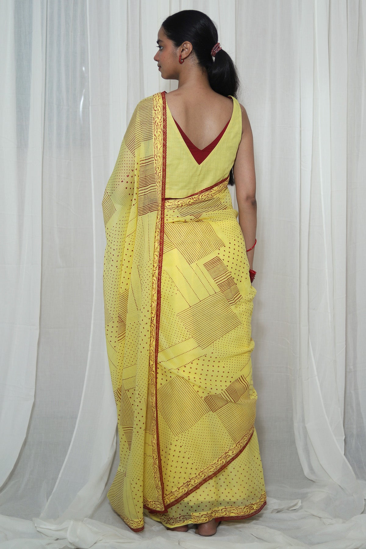 Yellow Kota Doria Printed Saree