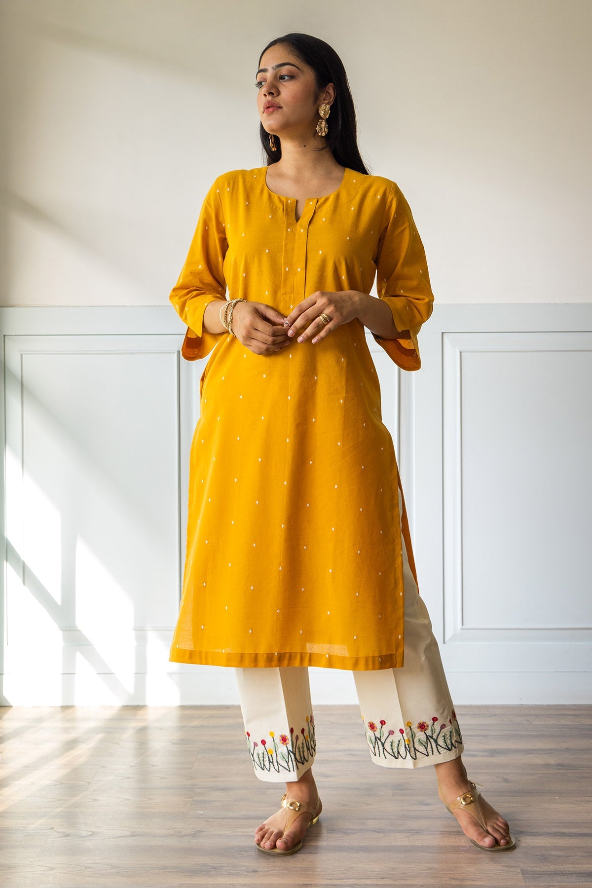 Buy Yellow Kurta & Embroidered Pants by The Hemming Bird for women online at ScrollnShops