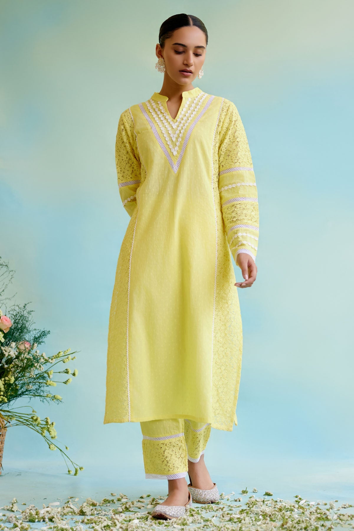 Nero Yellow Lace Cotton Panel Kurta for women at ScrollnShops