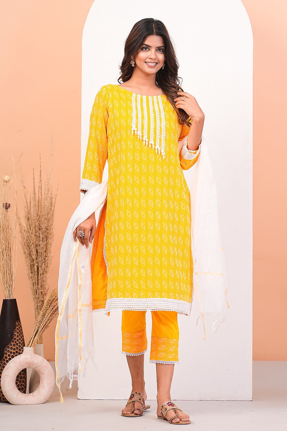 Yellow Lace Detail Kurta Set