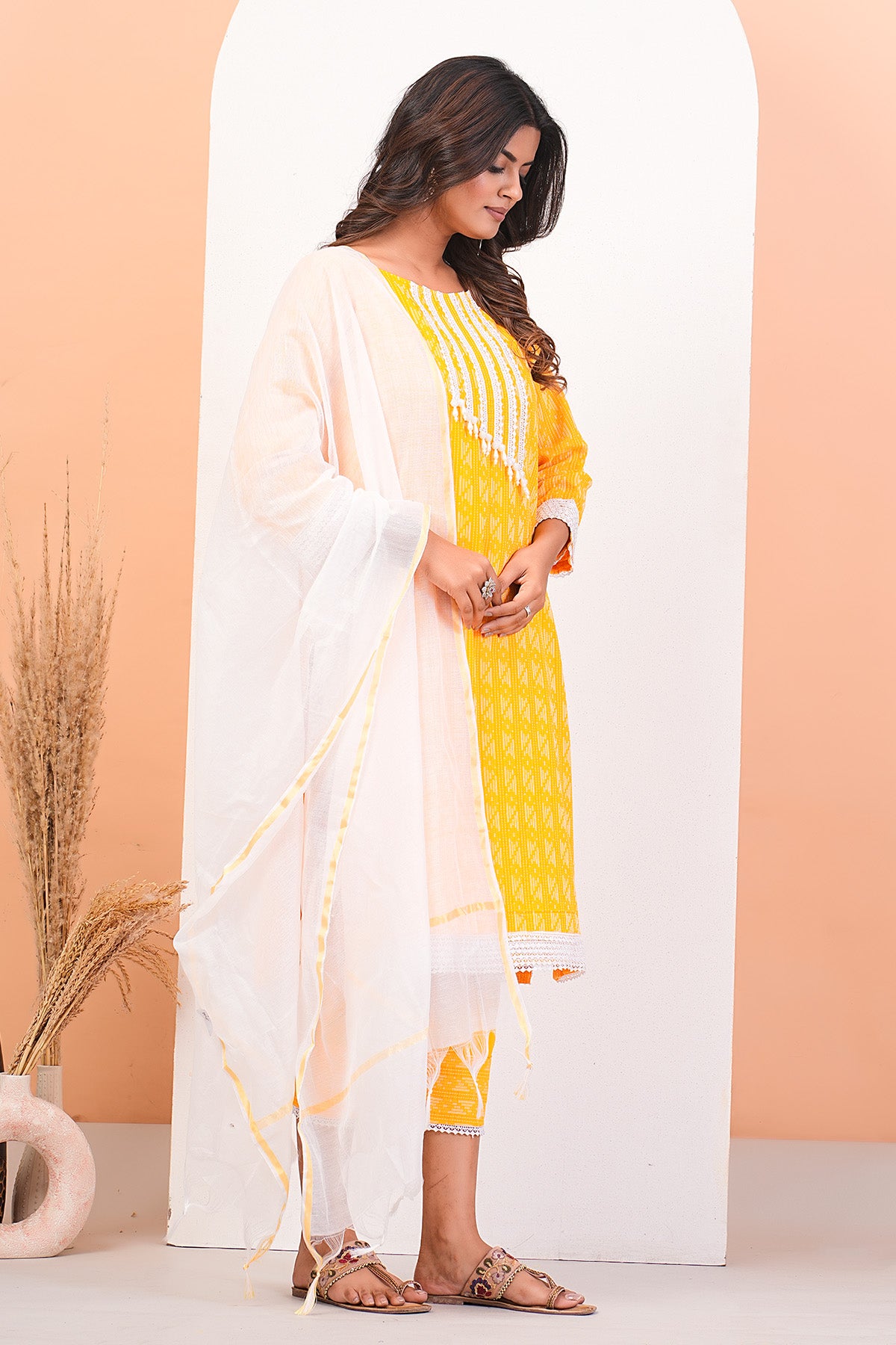 Yellow Lace Detail Kurta Set