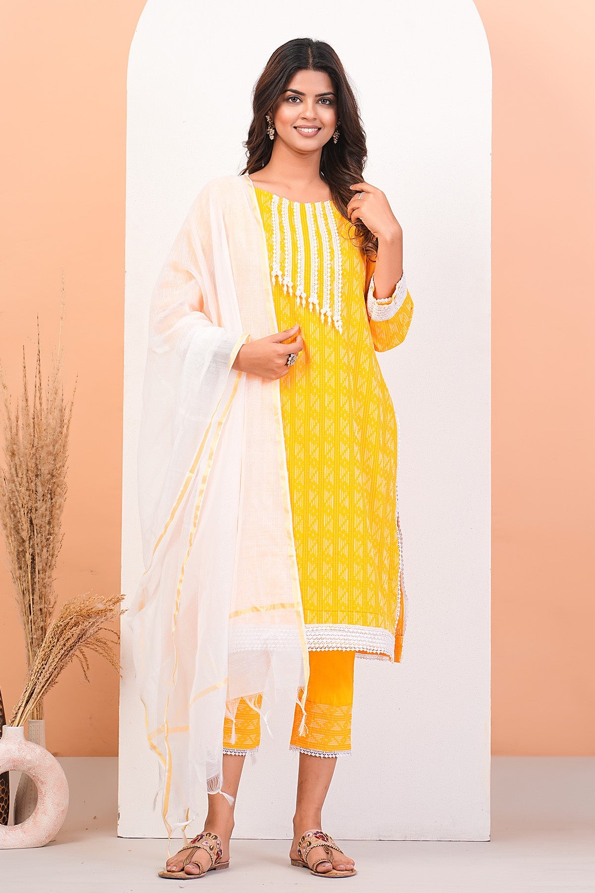 Buy Yellow Lace Detail Kurta Set by Namita Sharma for Women online at ScrollnShops