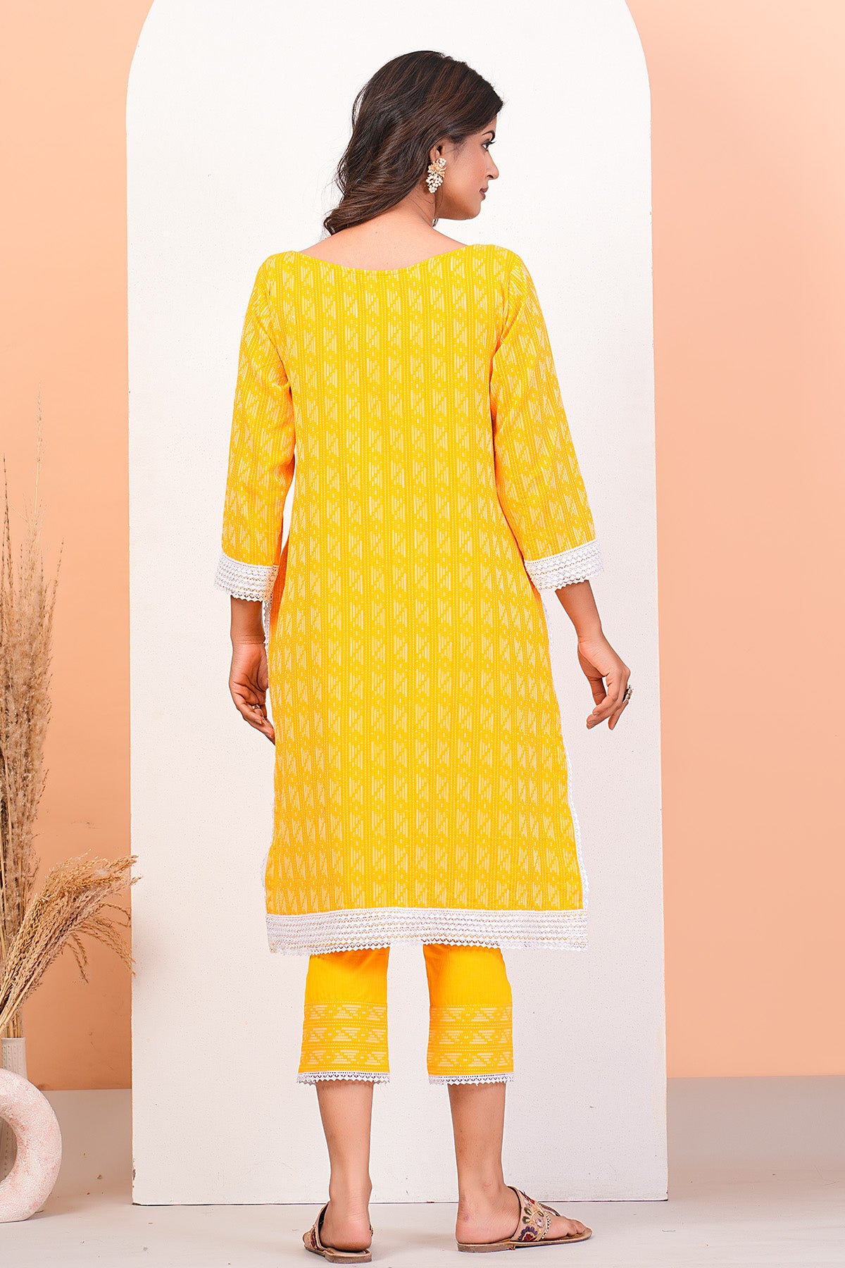 Yellow Lace Detail Kurta Set
