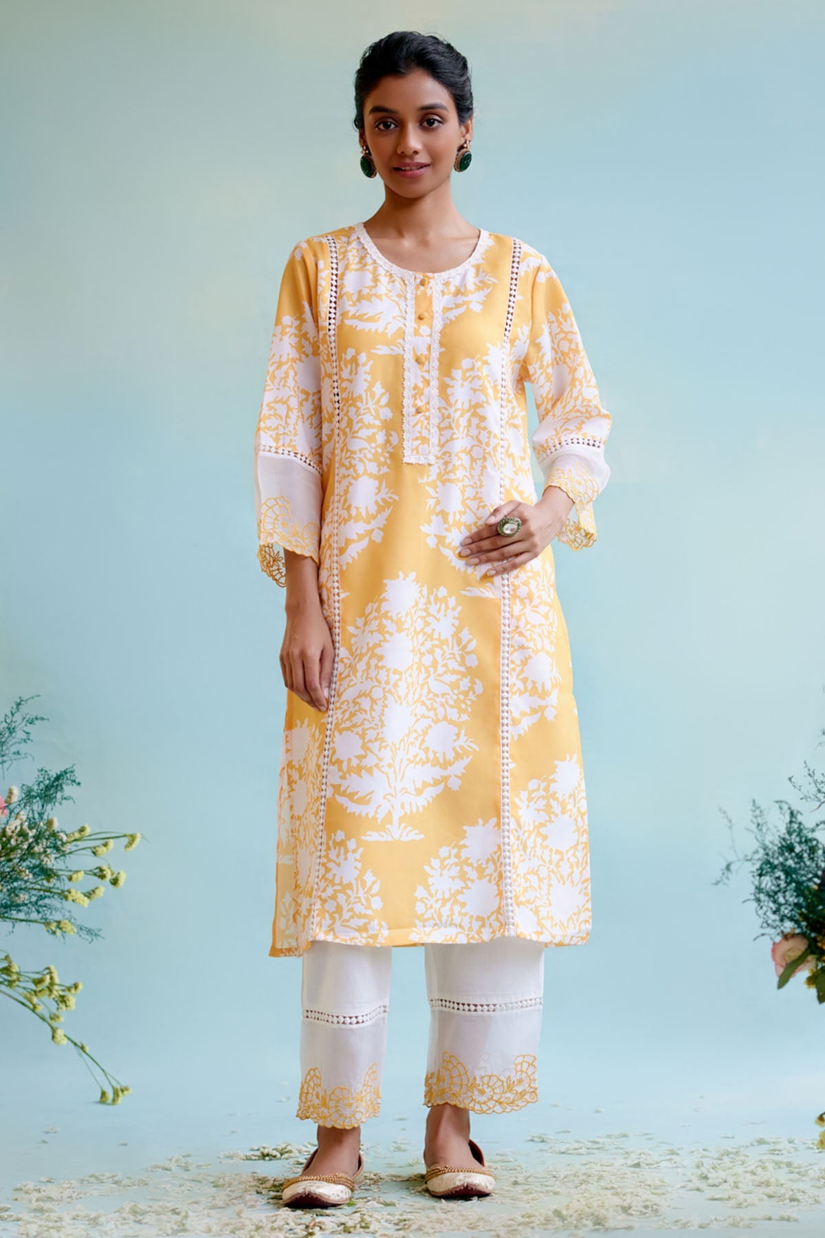 Nero Yellow Lace Detailed Kurta for women at ScrollnShops