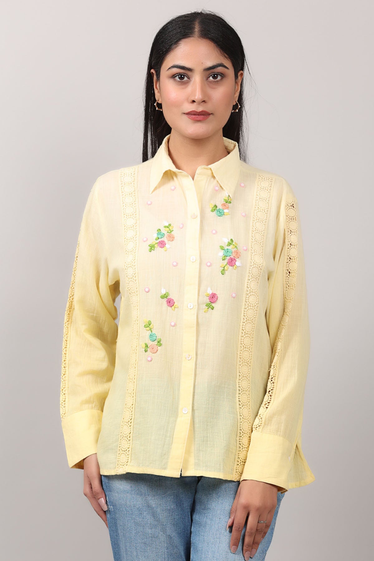Buy Yellow Lace Embroidered Shirt by OSKOS for women online at ScrollnShops