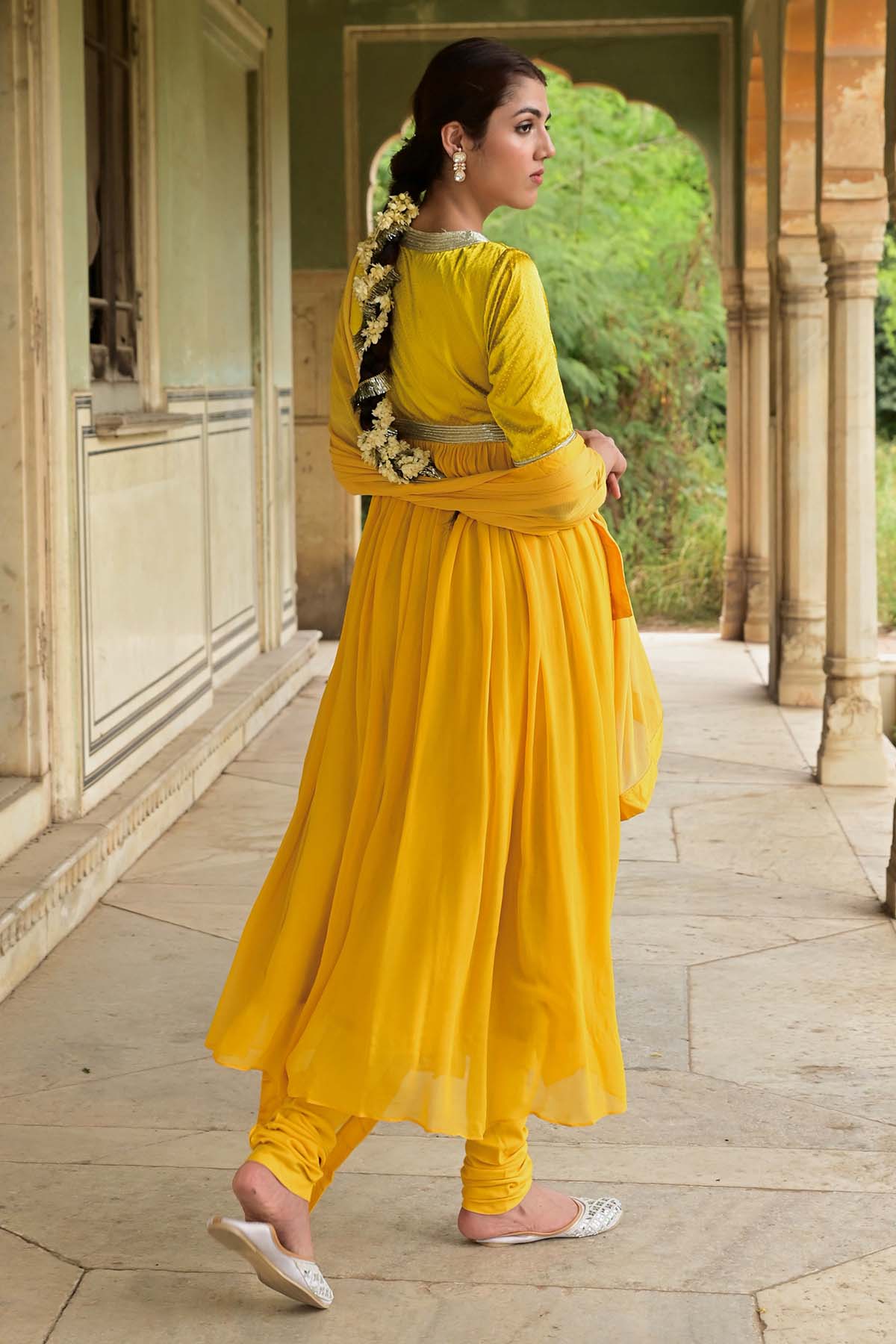 Yellow Lace Flared Anarkali Set