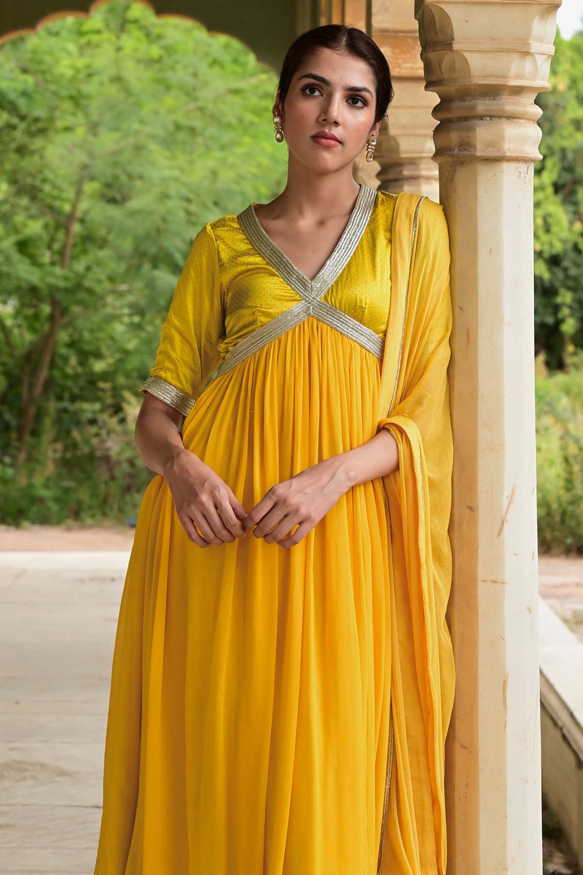 Yellow Lace Flared Anarkali Set