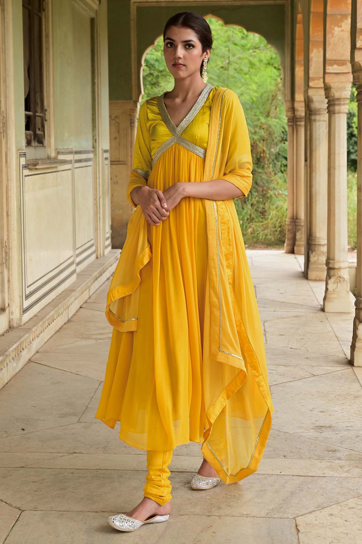 Taro India Yellow Lace Flared Anarkali Set for women online at ScrollnShops