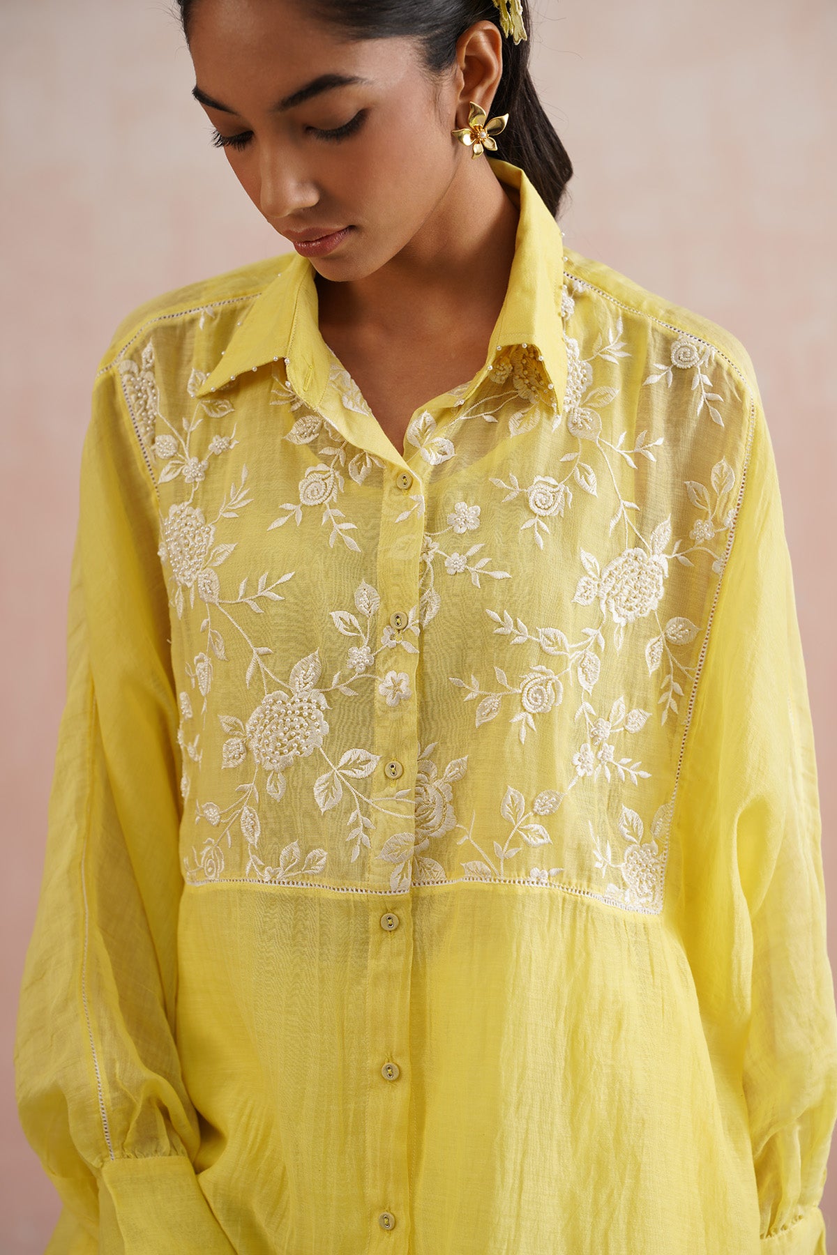 Yellow Lace Work Shirt & Pants