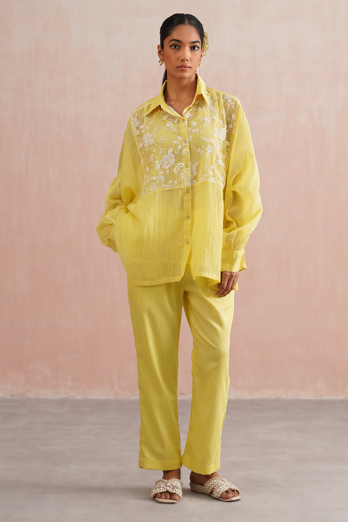 Yellow Lace Work Shirt & Pants