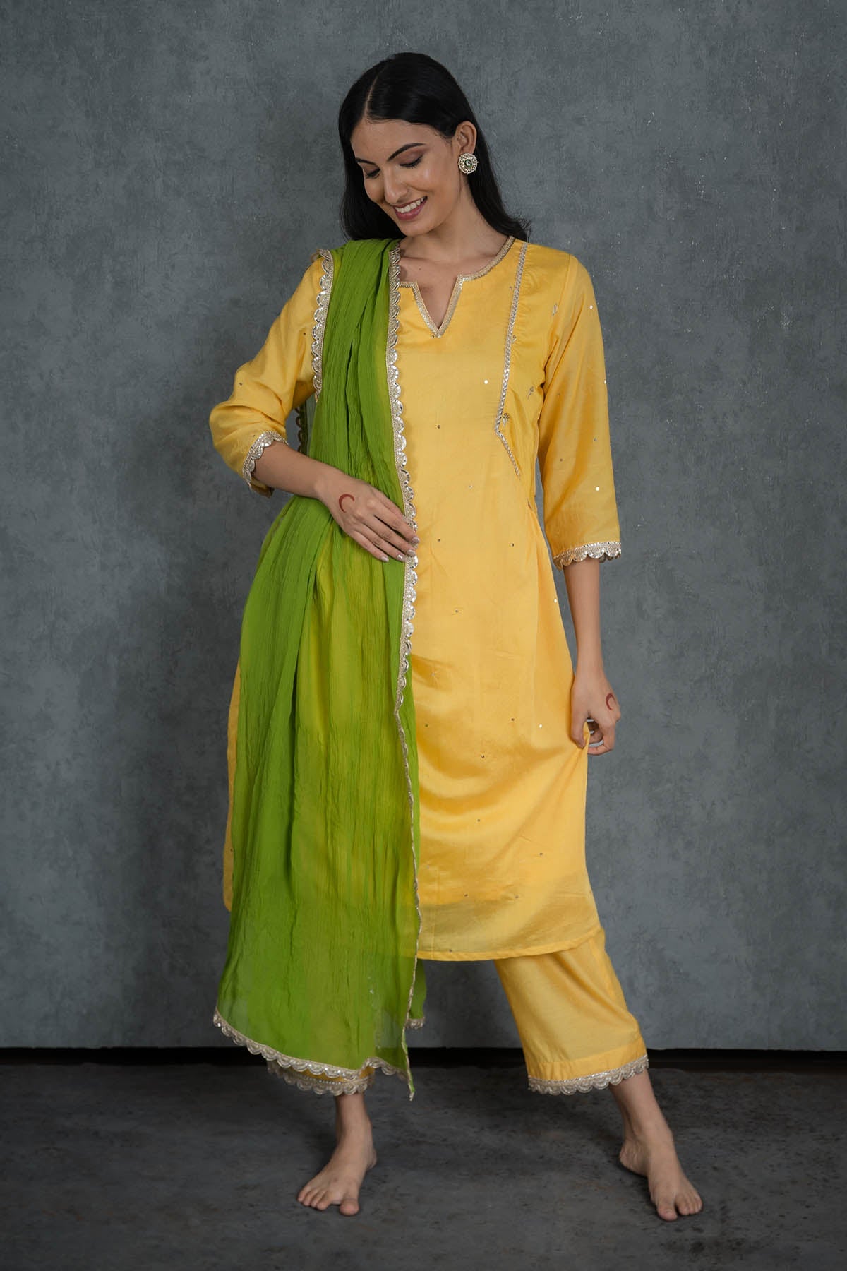 Buy Yellow Lacework Long Kurta Set by Shop Gulmohar for women online at ScrollnShops