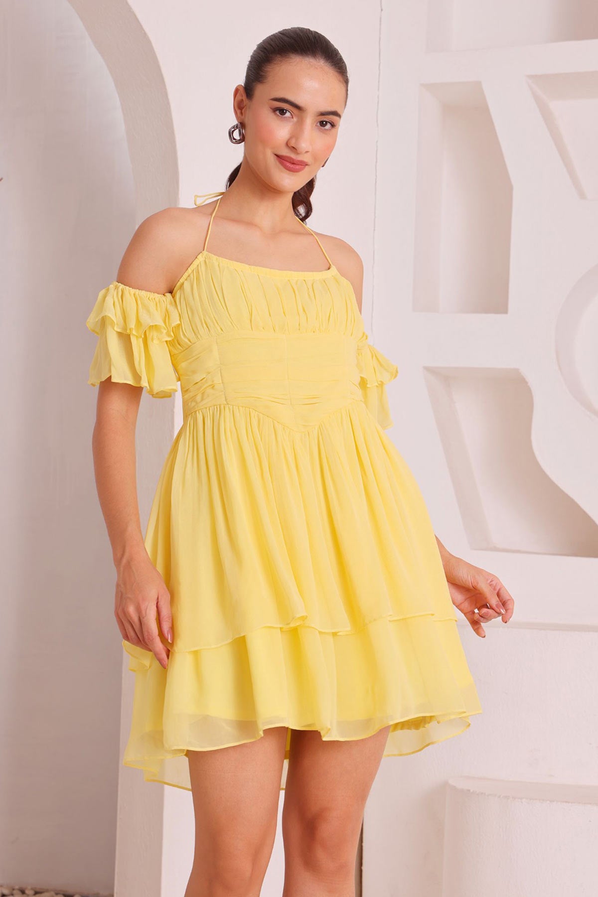 Buy Yellow Layered Frill Mini Dress for women by Seoraa online available at scrollnshops
