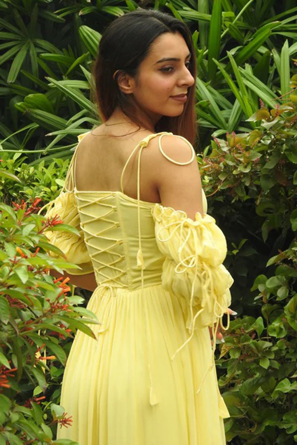 Yellow Layered Puff Midi Dress