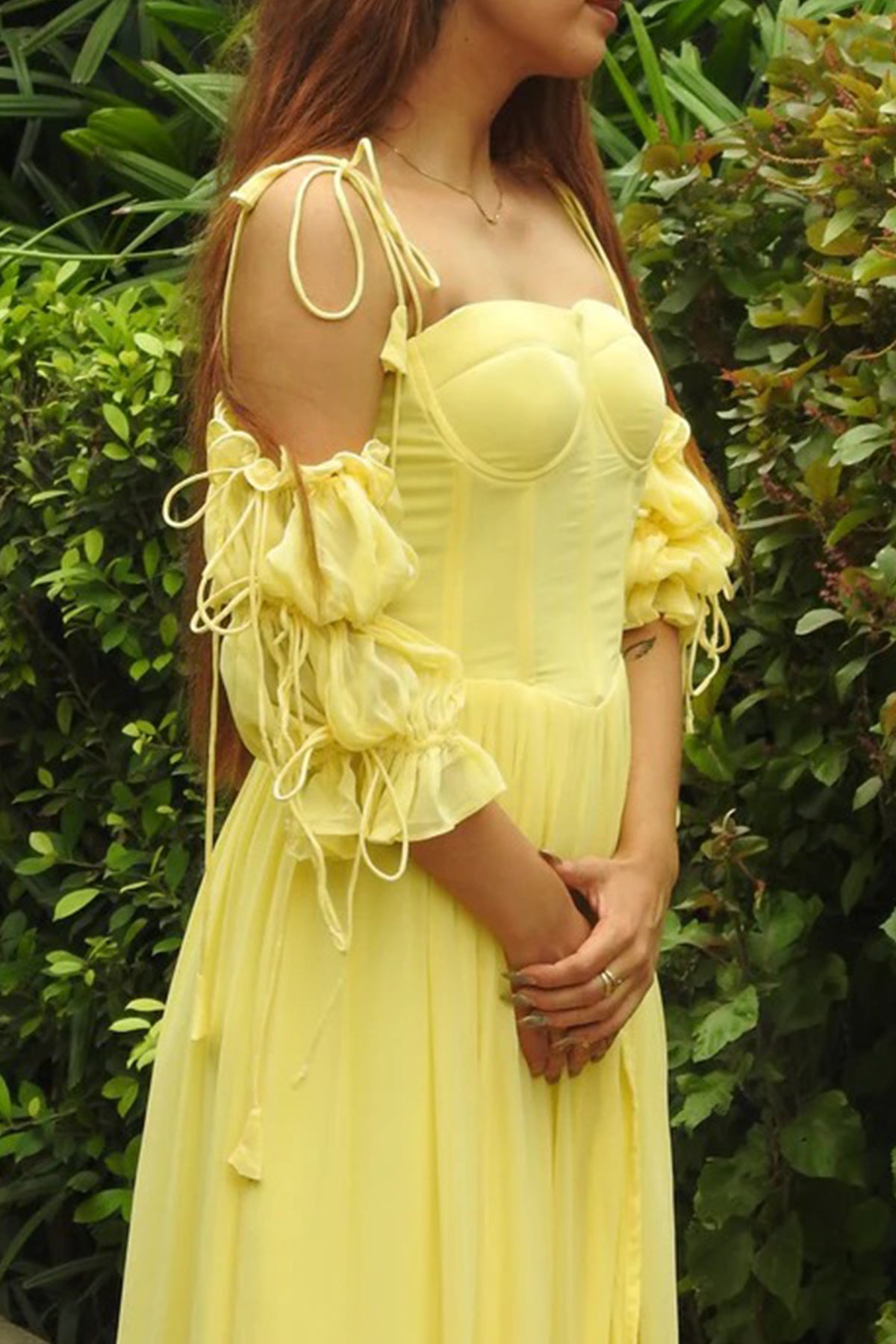 Yellow Layered Puff Midi Dress