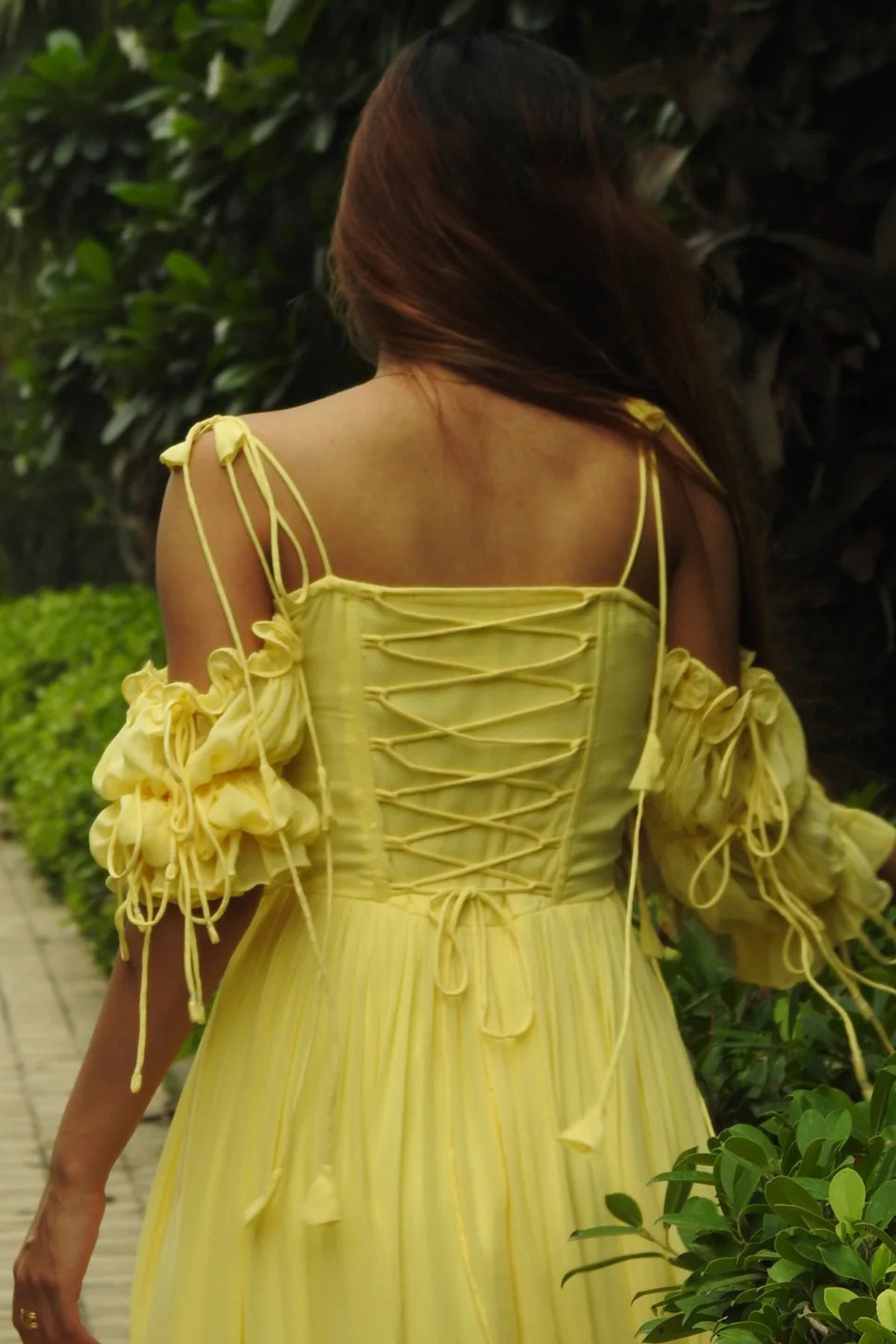 Yellow Layered Puff Midi Dress