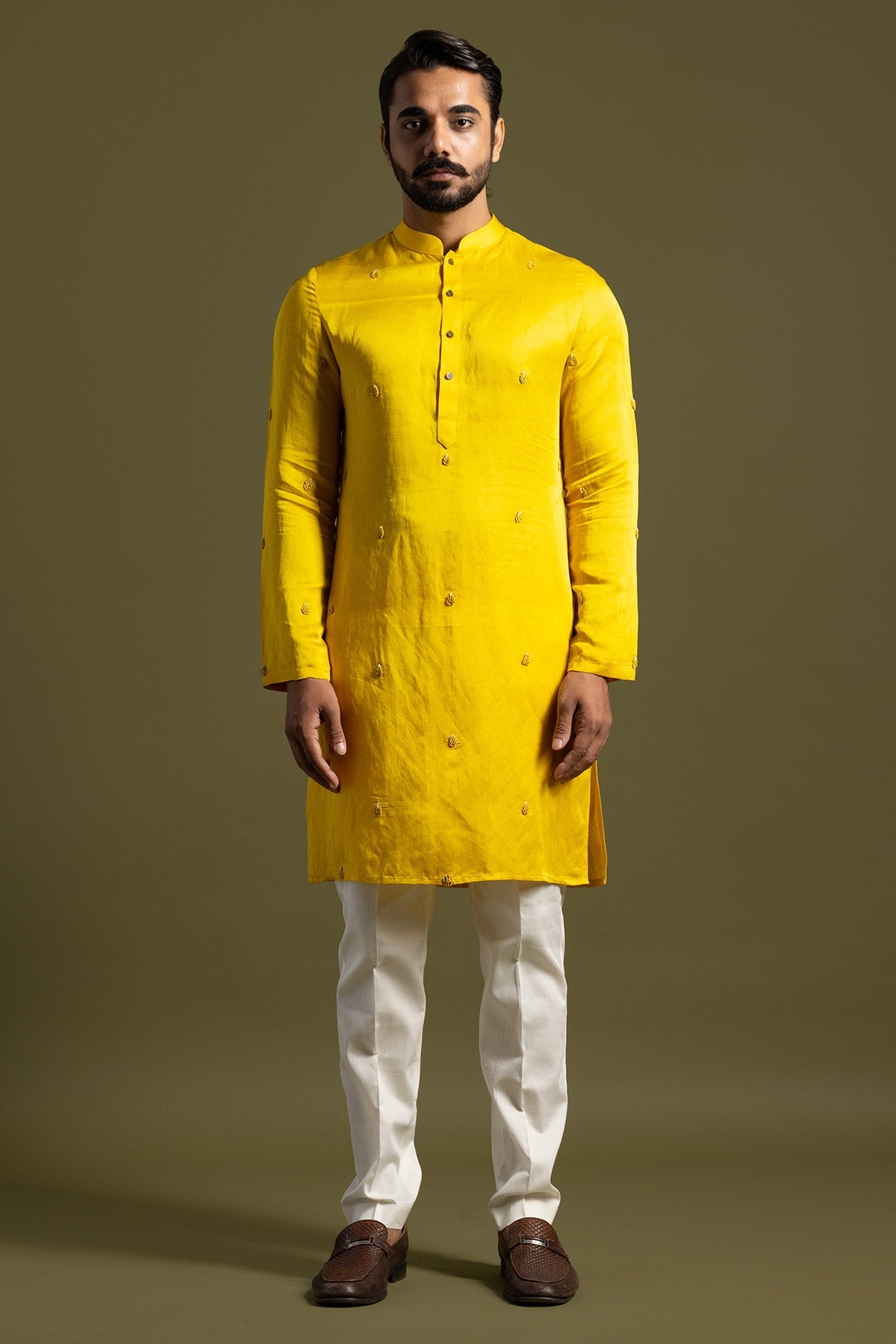 Buy Yellow Leaf Motif Kurta & Pants for men by Paarsh Atelier online available at scrollnshops