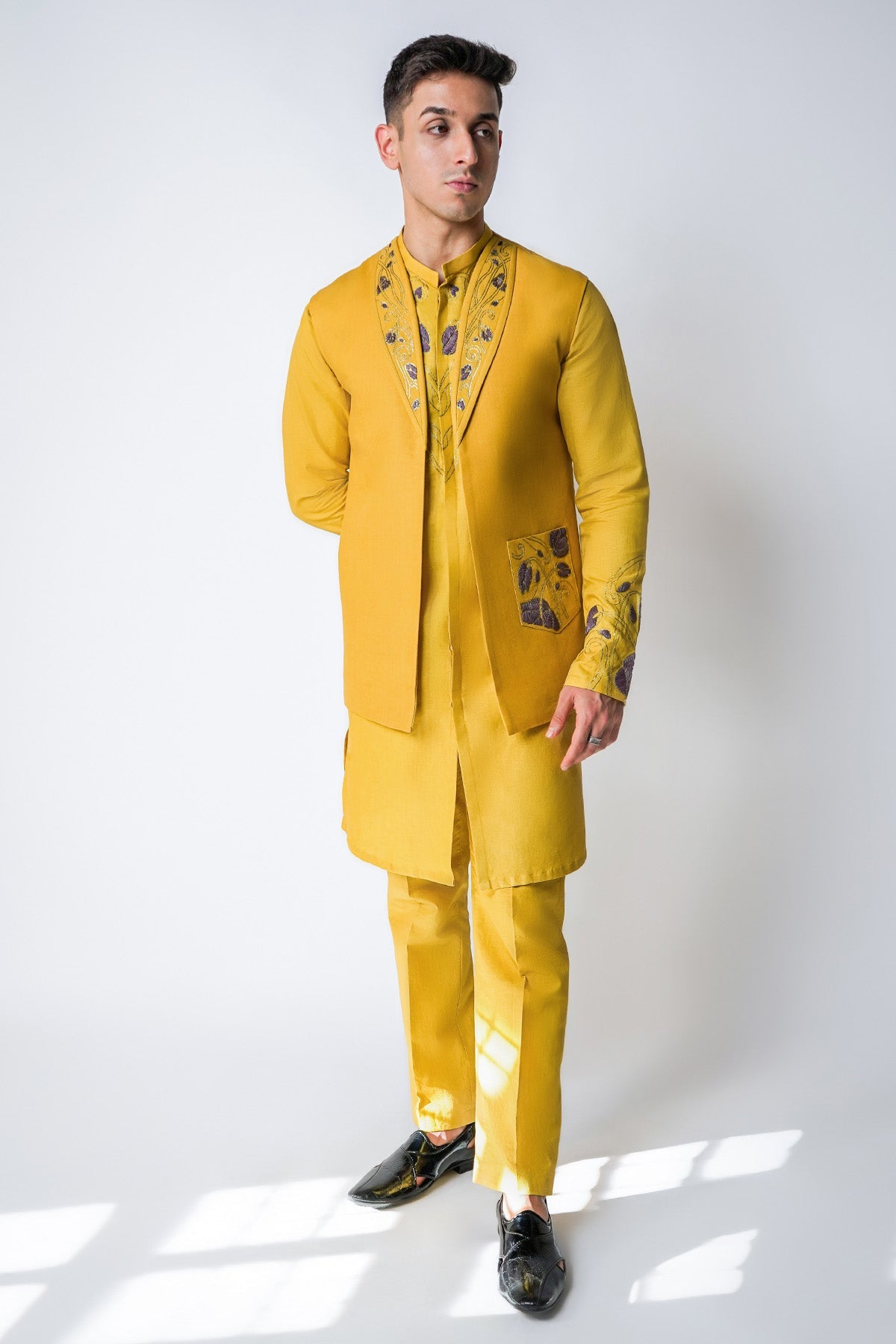 Buy Yellow Linen Kasab Bundi Set for men by House of Sheriff online available at scrollnshops