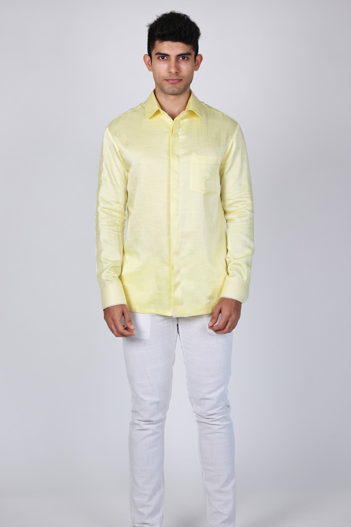 Arya Giri Yellow Linen Satin Collar Shirt for women online at ScrollnShops