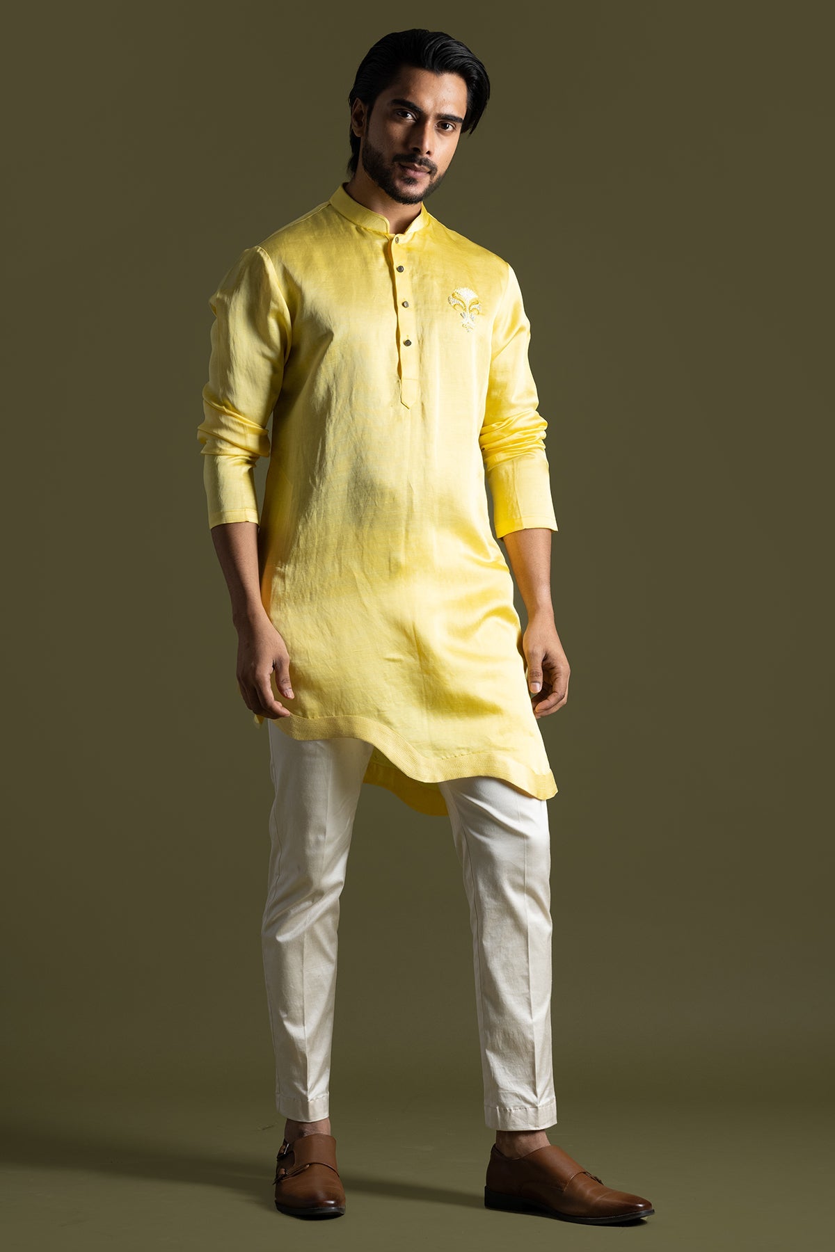 Buy Yellow Linen Satin Kurta Pants for men by Paarsh Atelier online available at scrollnshops