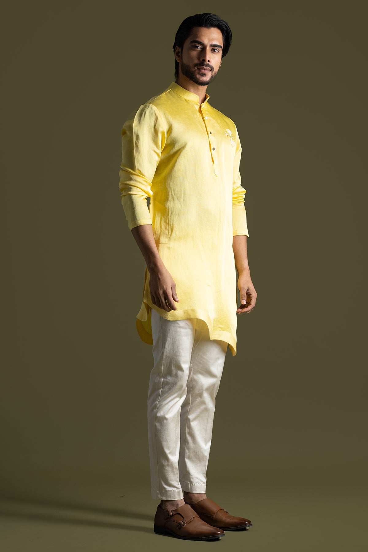 Yellow Linen Satin Kurta Pants