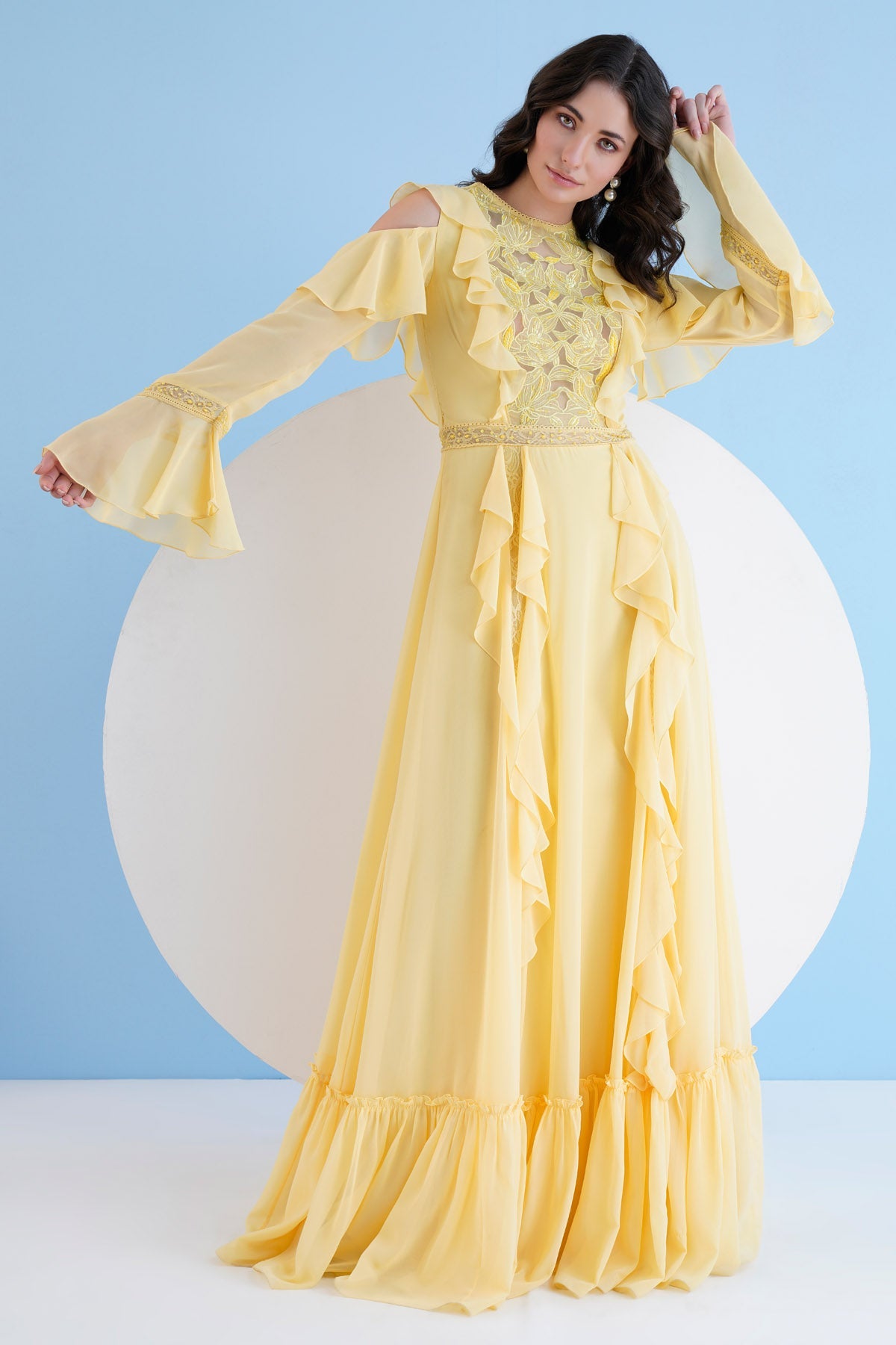 Buy Yellow Long Georgette Dress by Mandira Wirk