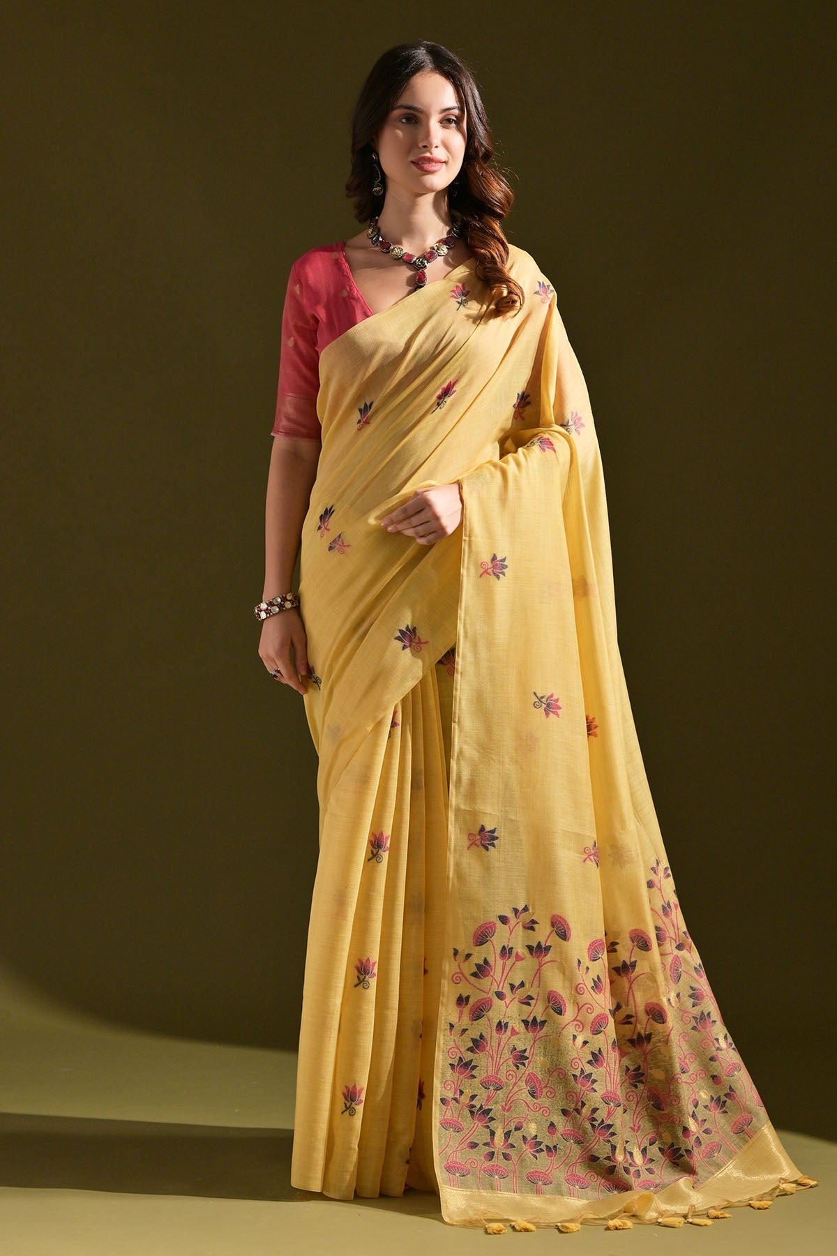 Buy Yellow Lotus Thread Work Saree by Lili Lala for women online at ScrollnShops