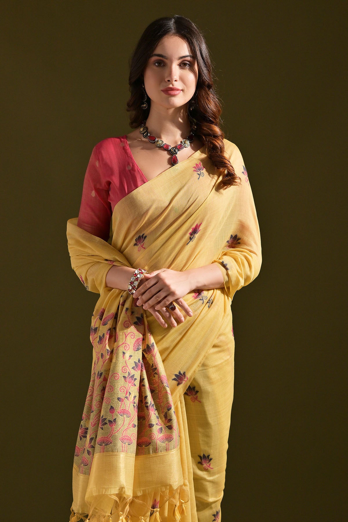 Yellow Lotus Thread Work Saree