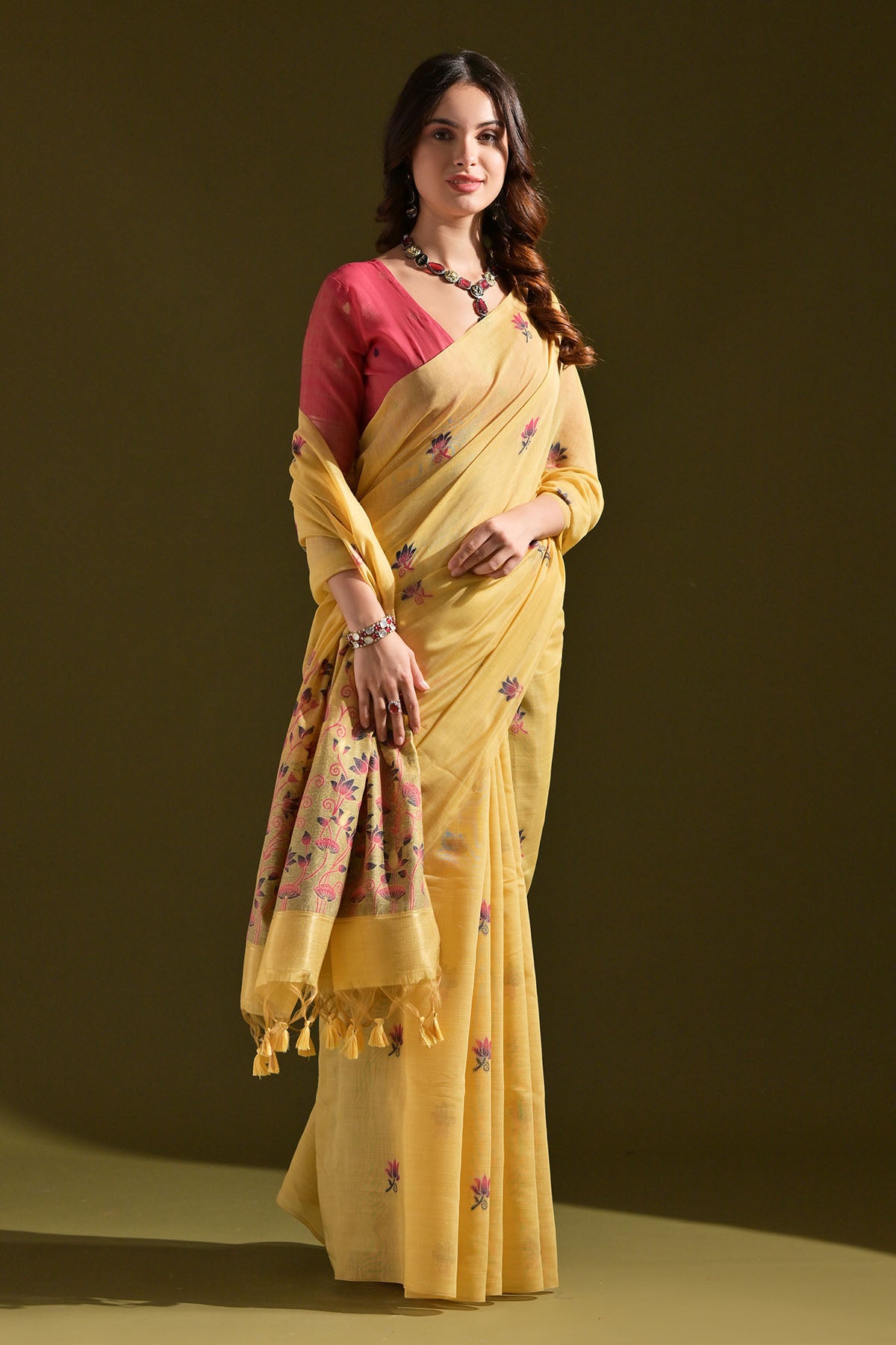 Yellow Lotus Thread Work Saree